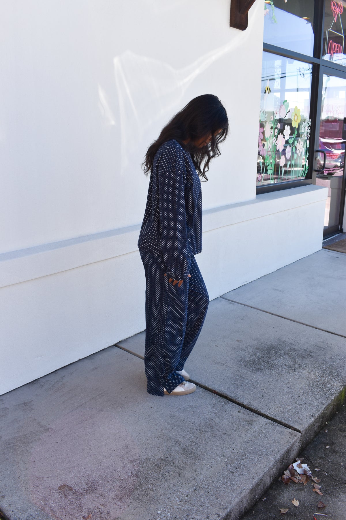 Navy Blue Polka Dot Loungewear Long Sleeve Top