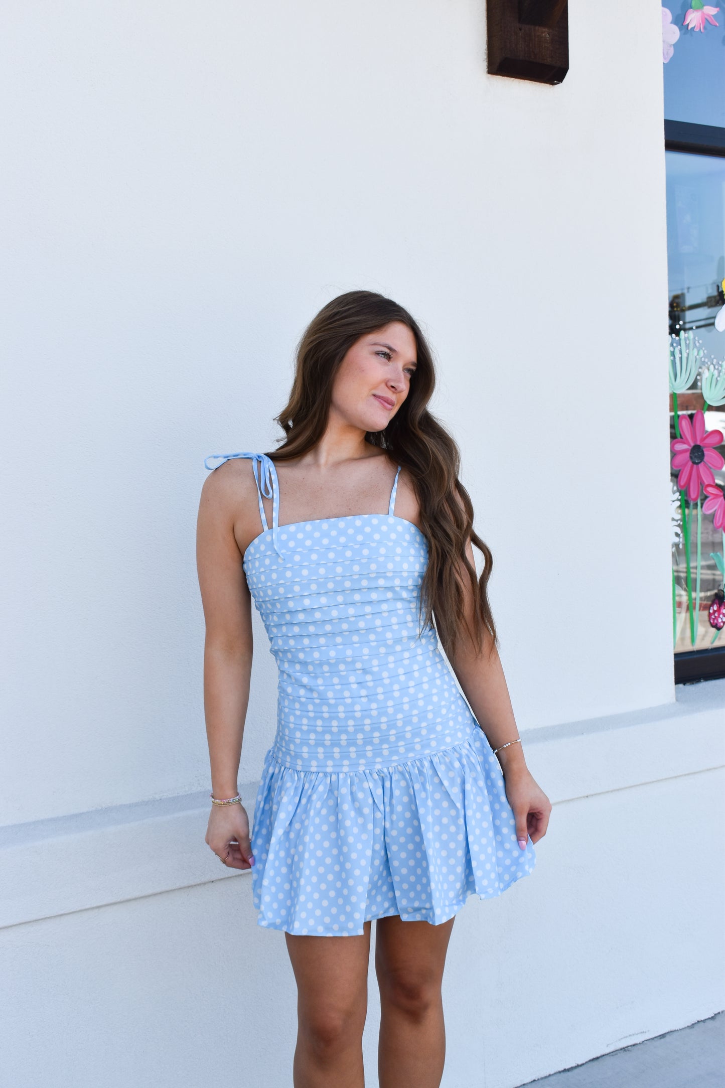 Blue Polka Dot Pleated Mini Dress