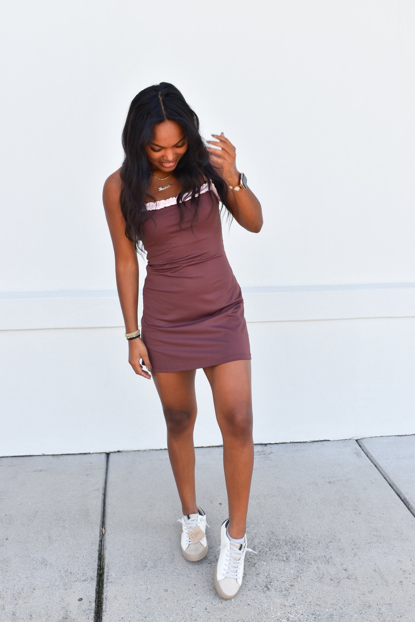 Chocolate W/ Pink Ruffle Detail Athletic Dress