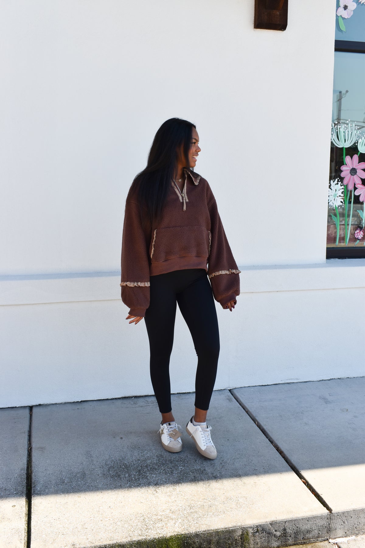 Gingham Fleece Collared Pullover: Brown