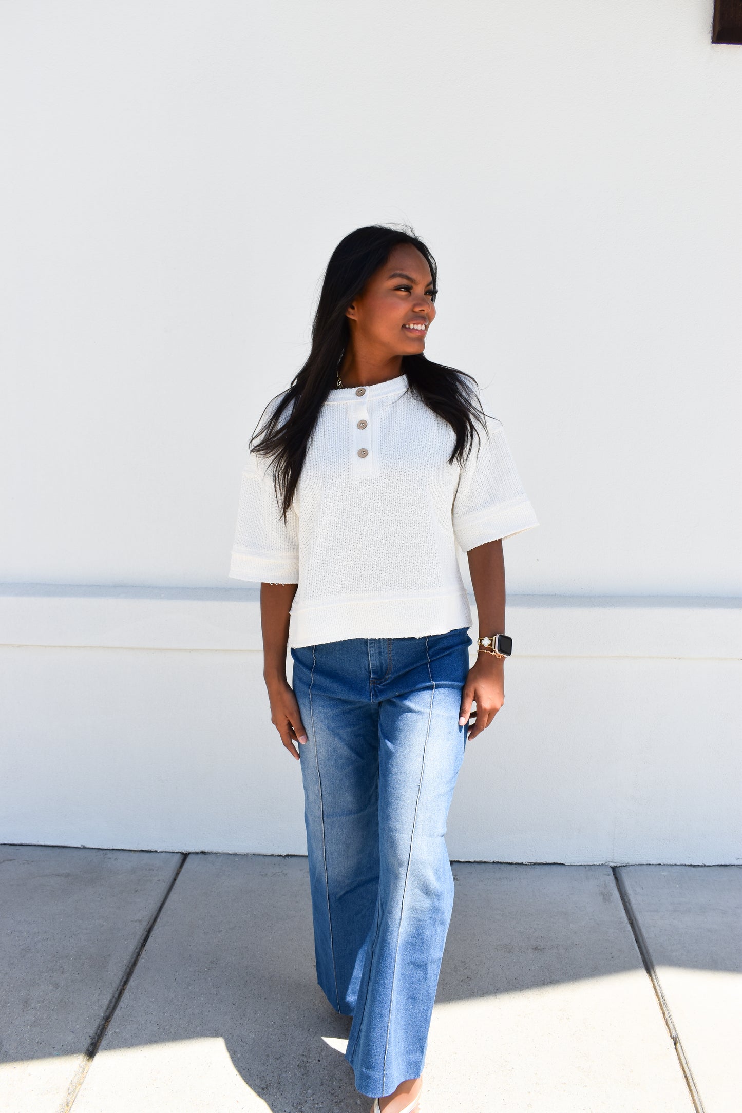 Henley Short Sleeve Waffle Knit Top