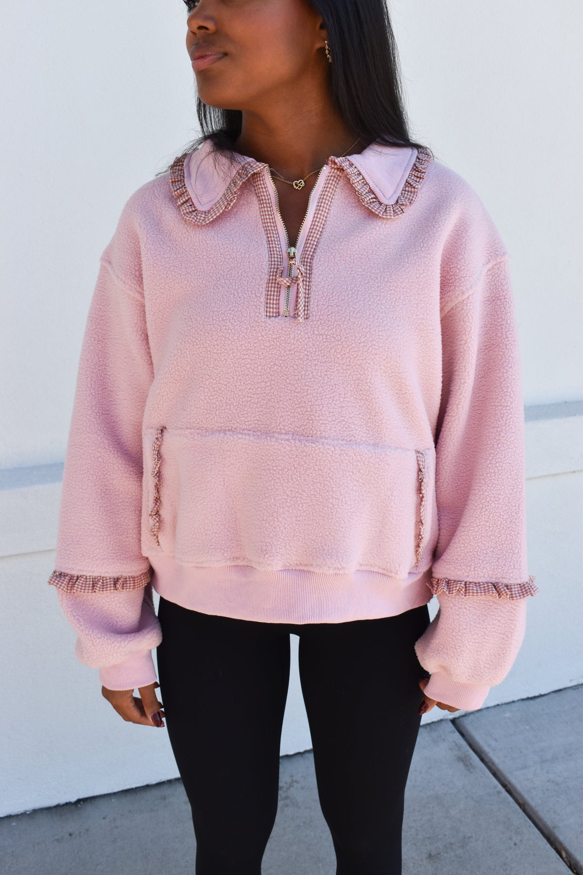 Gingham Fleece Collared Pullover: Pink