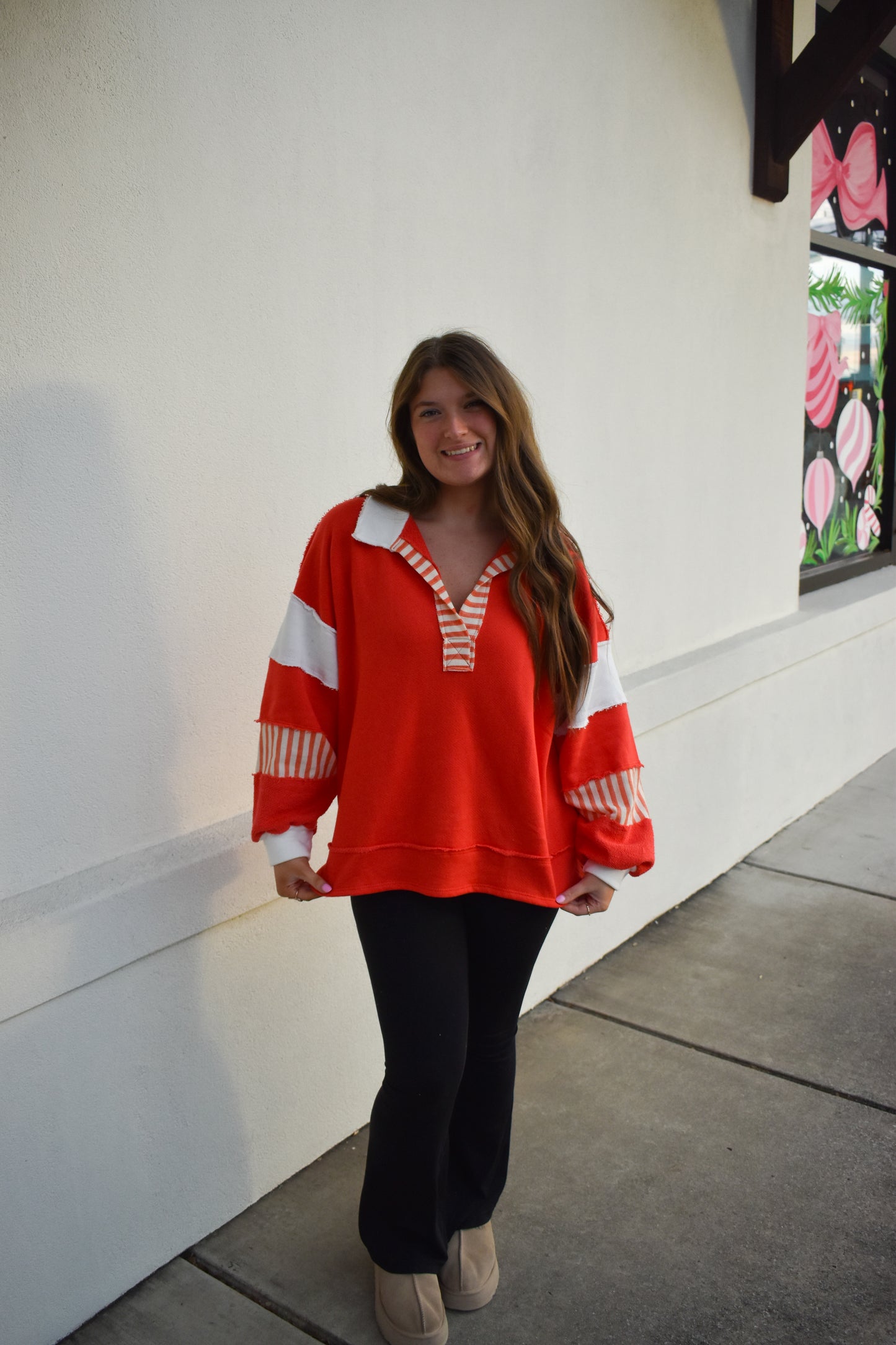 Terry Knit Collared Top: Red/Cream