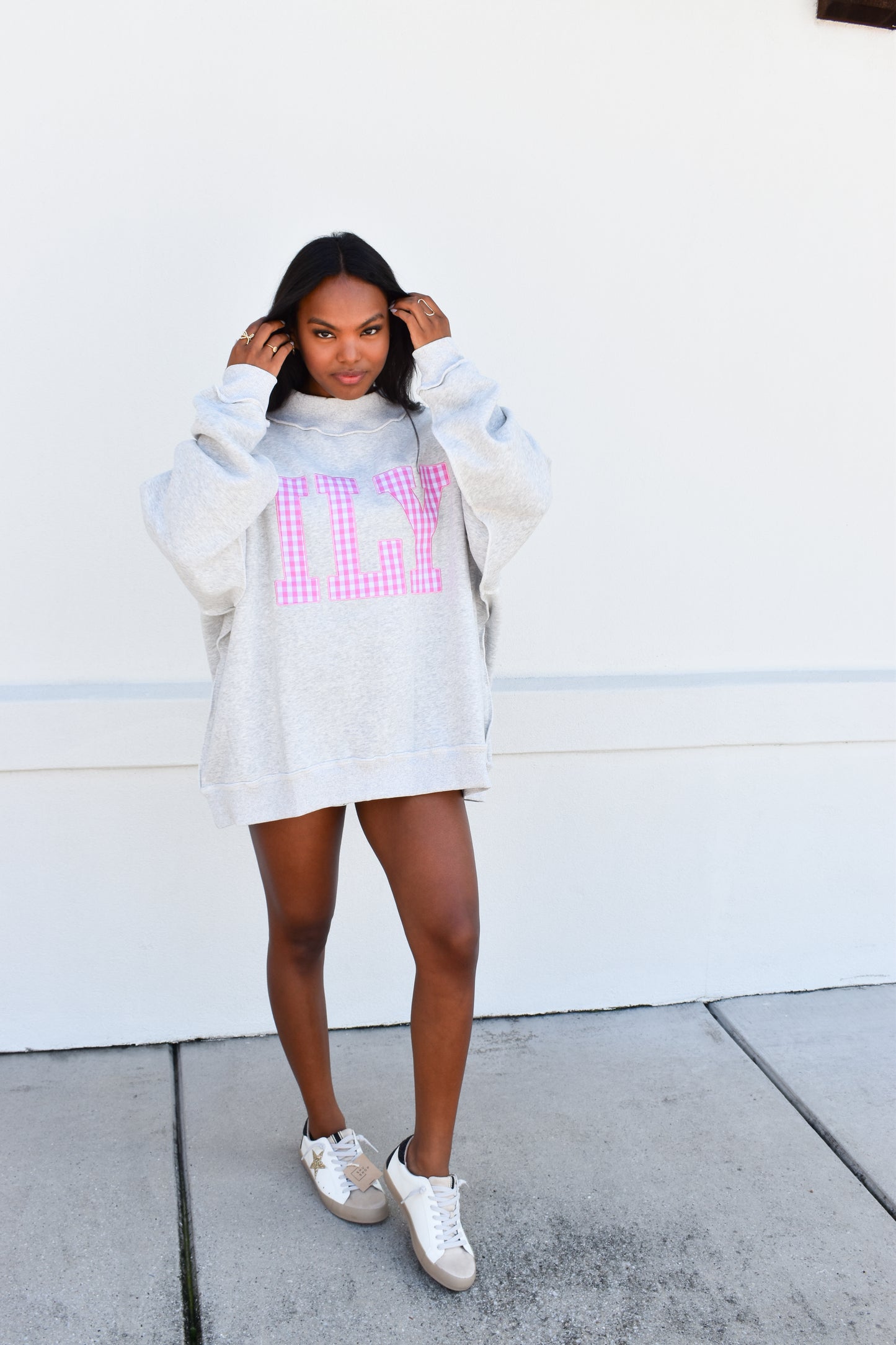 "ILY" Gingham Embroidered Mockneck