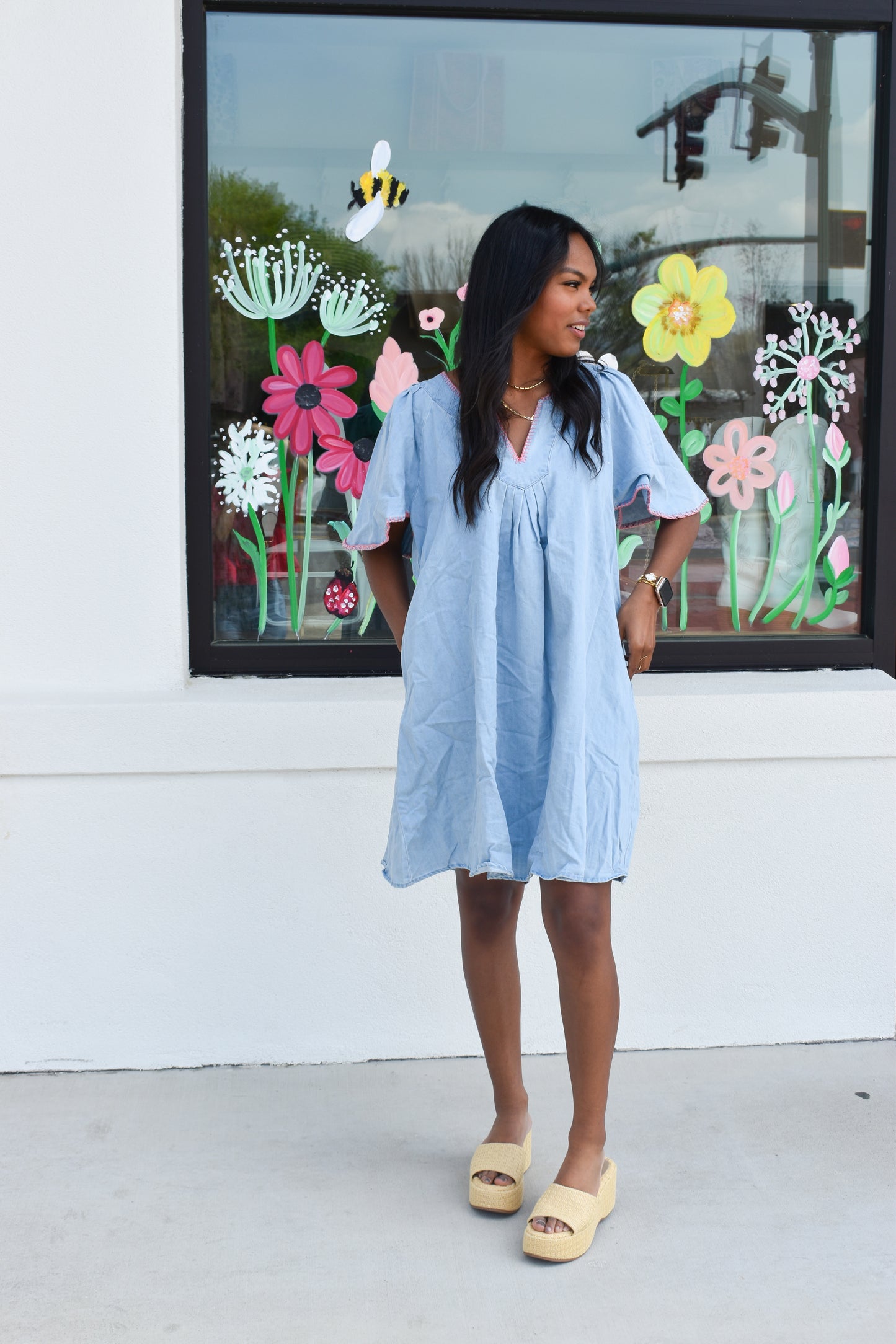 Pink Stitched Detail Denim Dress
