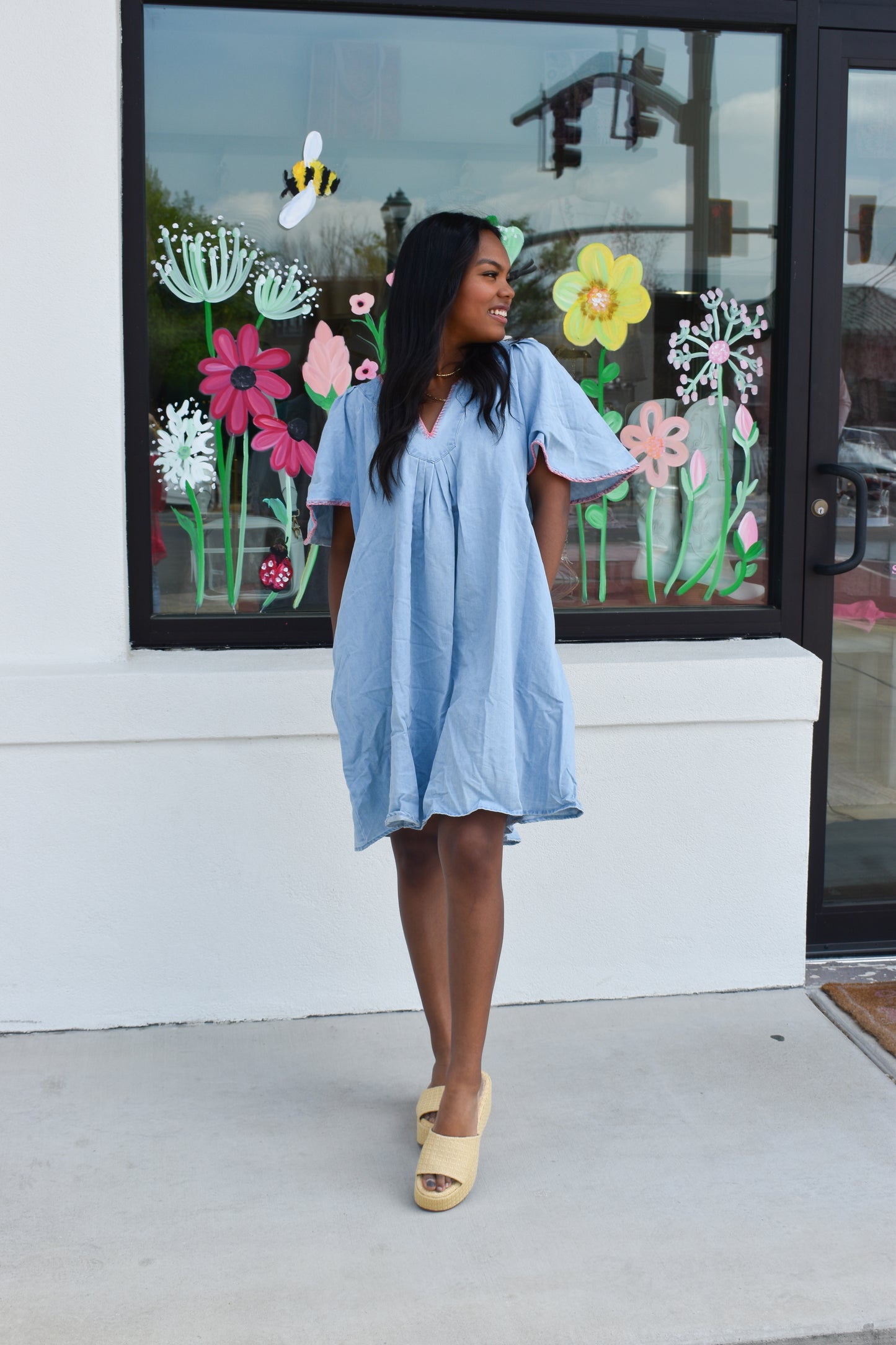 Pink Stitched Detail Denim Dress