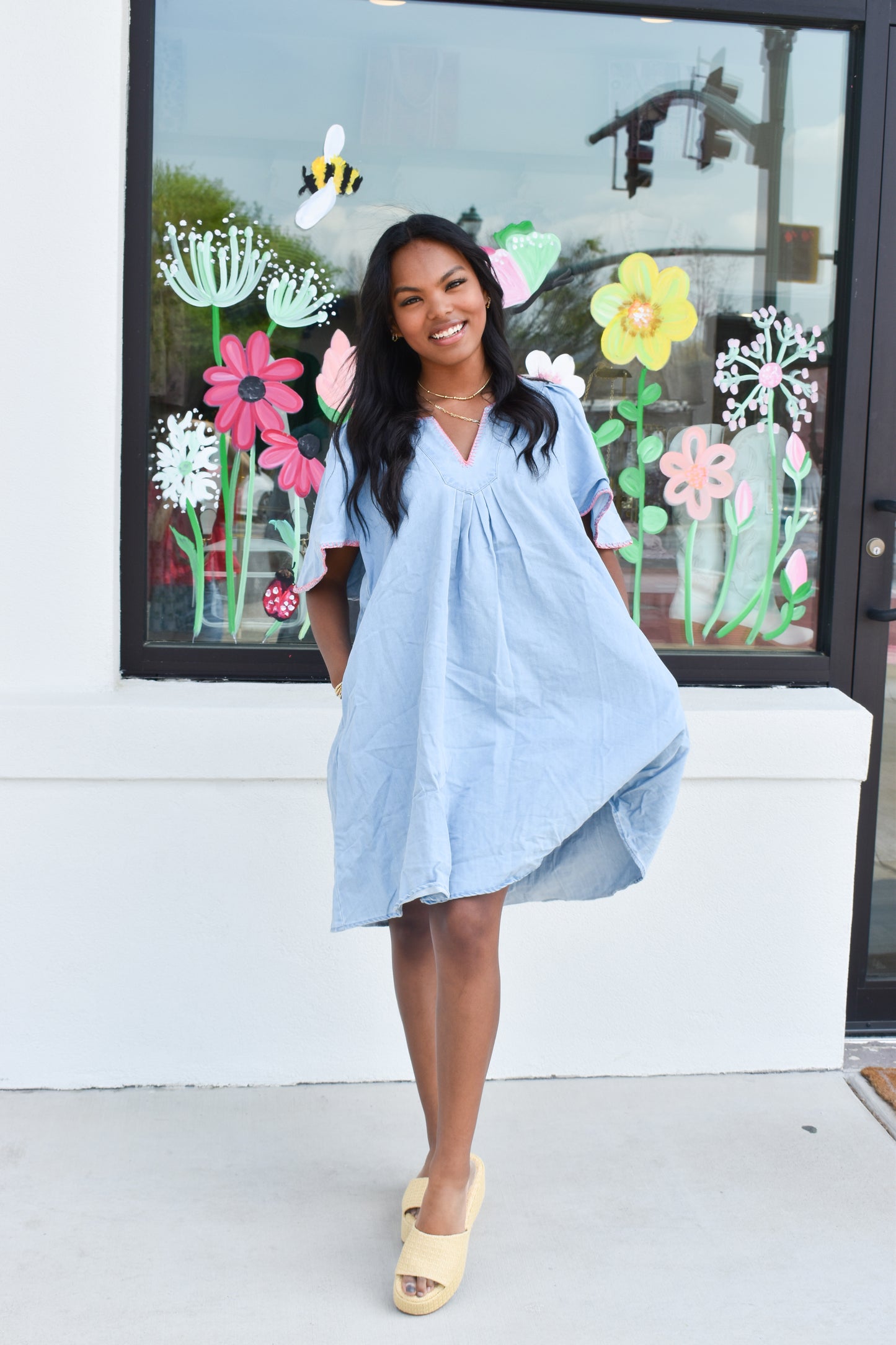 Pink Stitched Detail Denim Dress