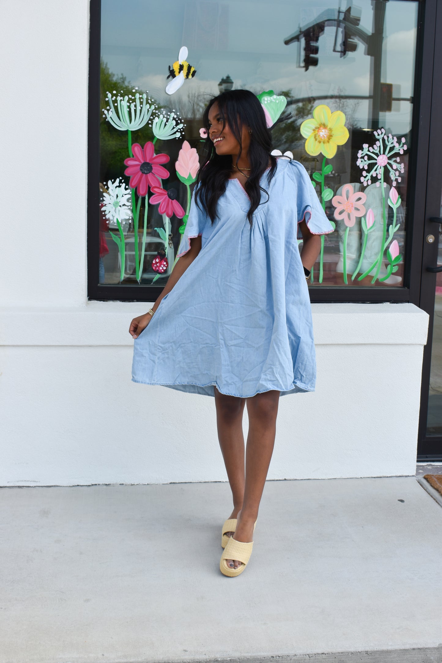 Pink Stitched Detail Denim Dress