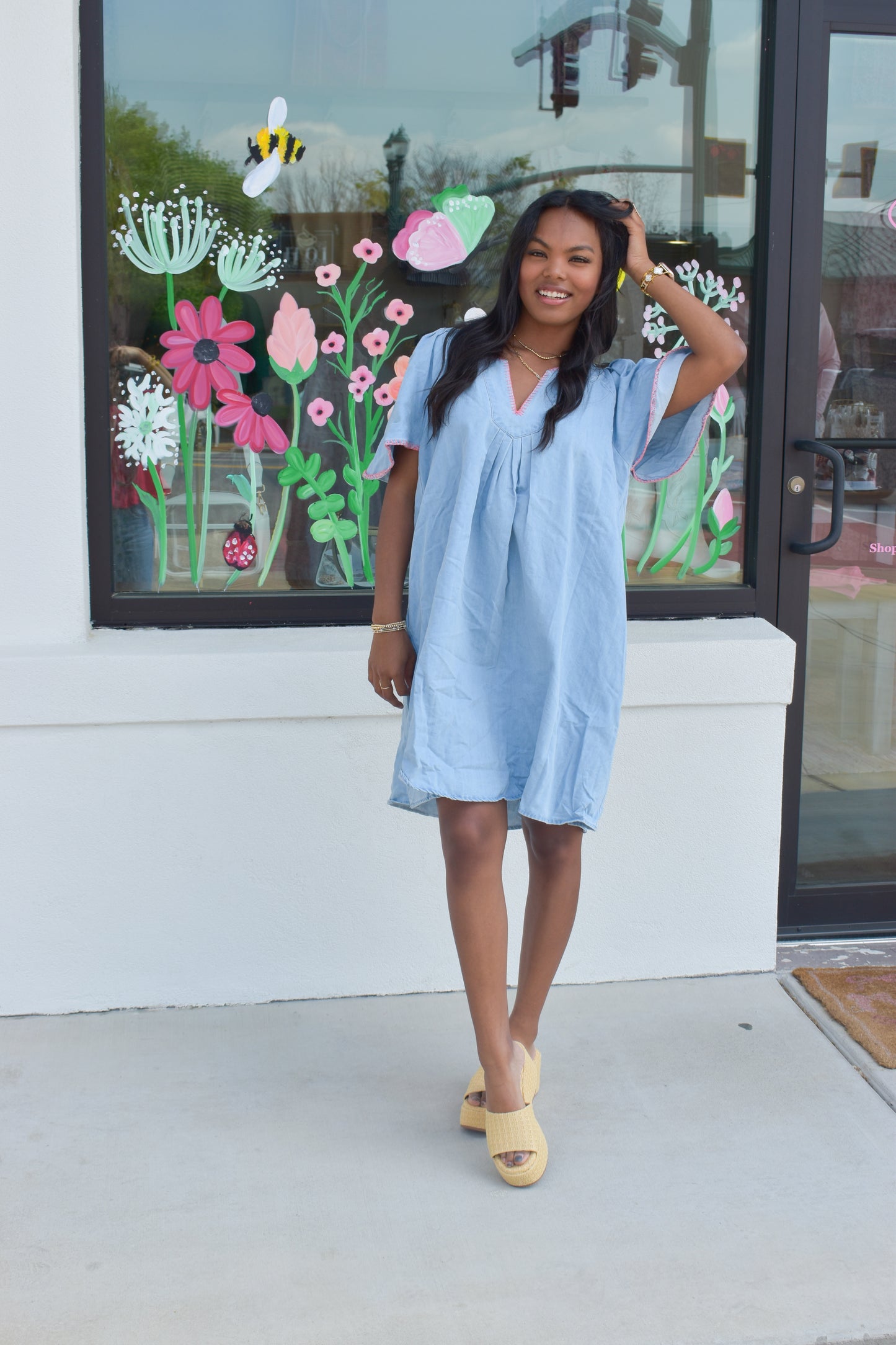 Pink Stitched Detail Denim Dress