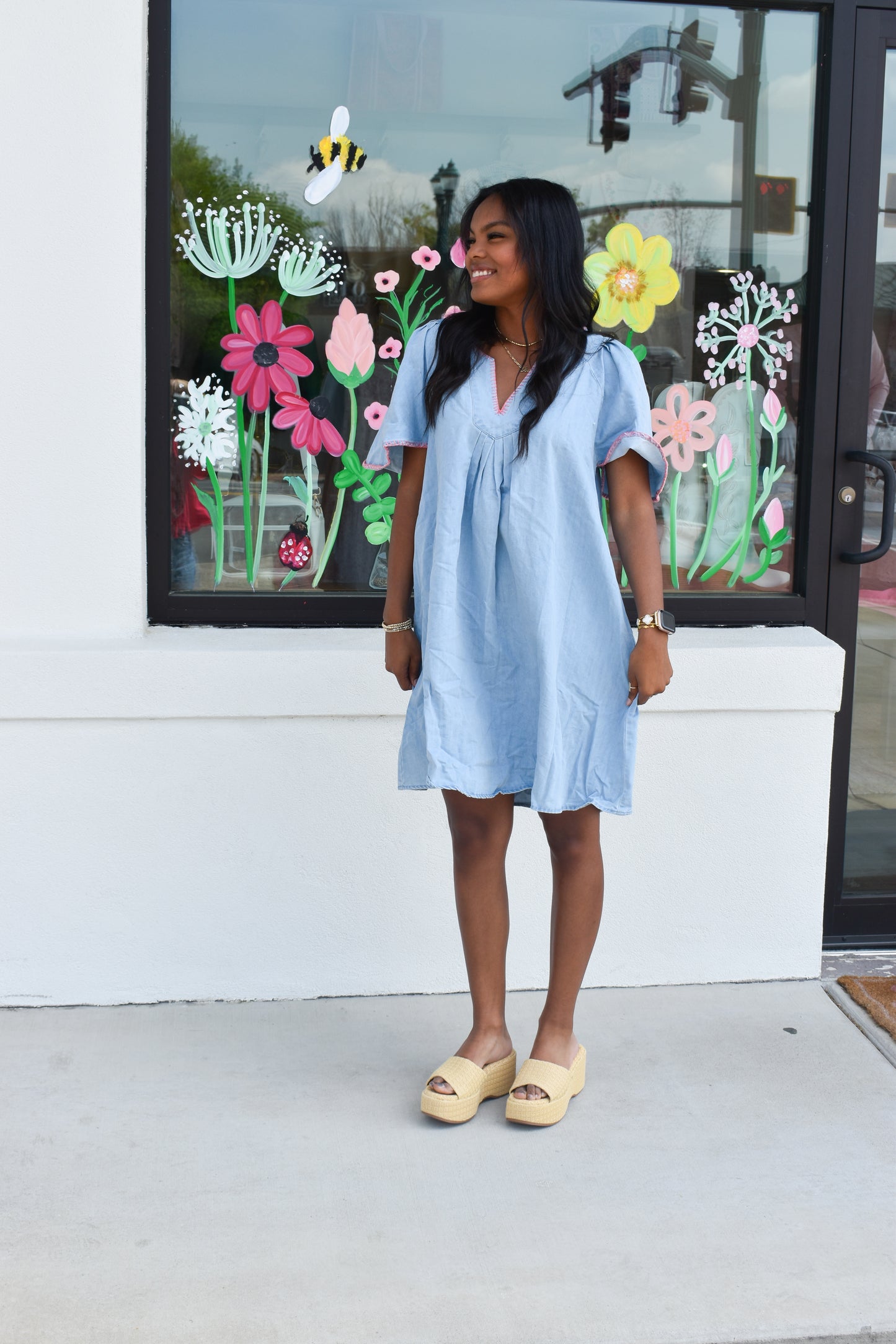 Pink Stitched Detail Denim Dress