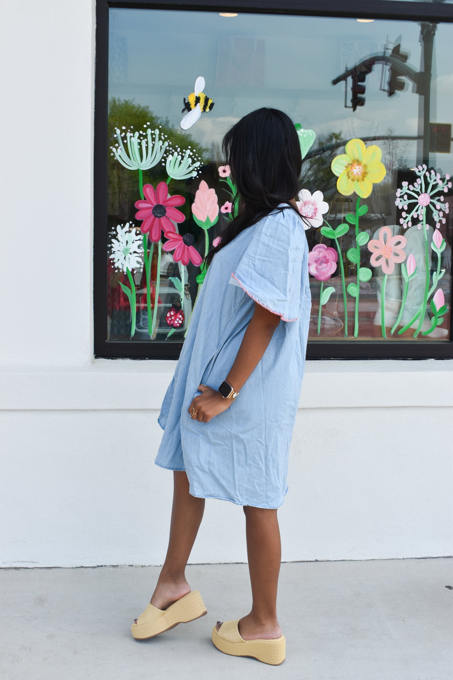 Pink Stitched Detail Denim Dress