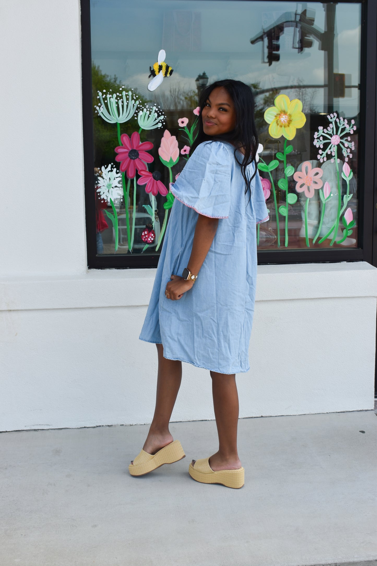 Pink Stitched Detail Denim Dress