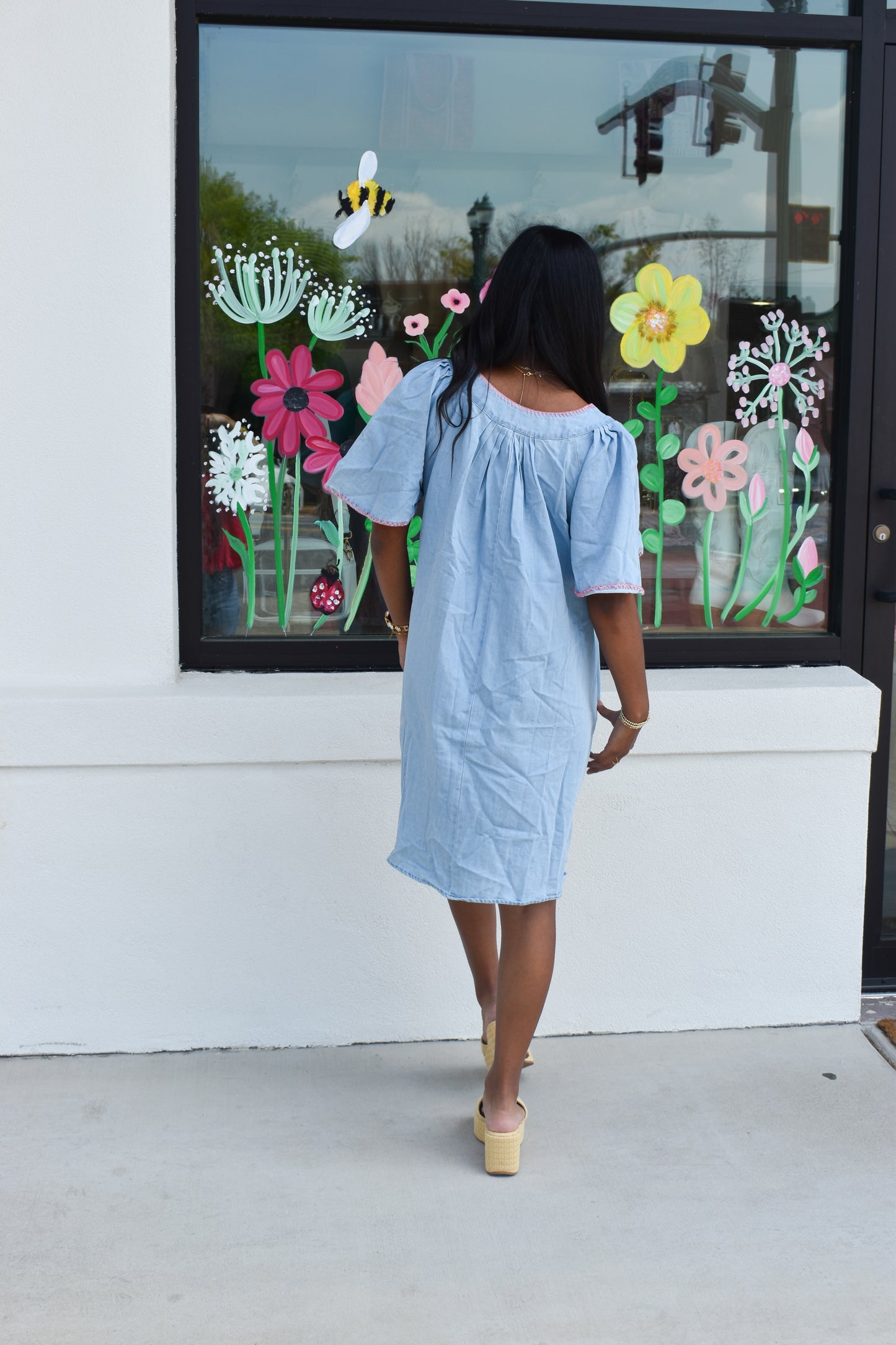 Pink Stitched Detail Denim Dress