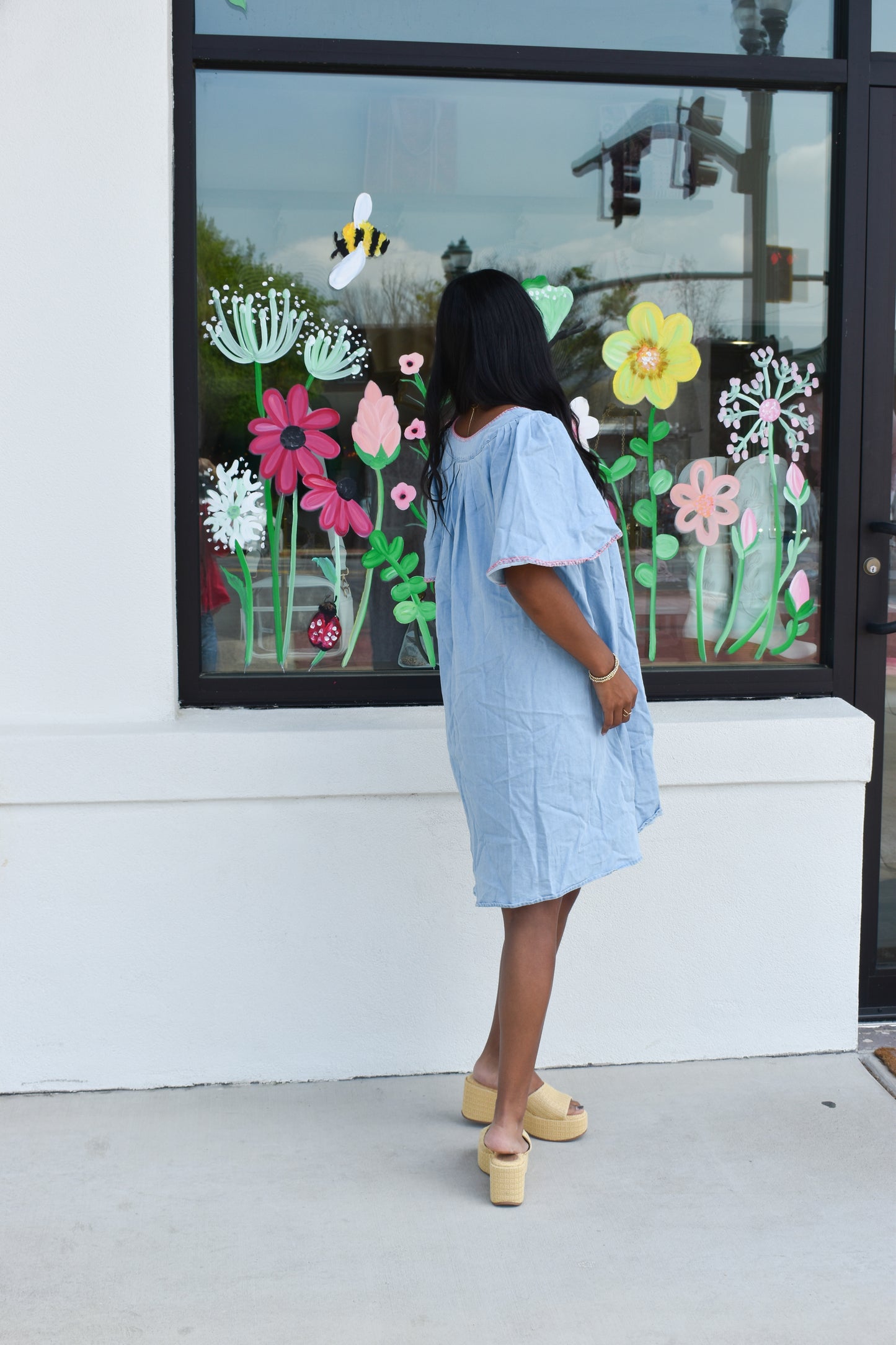 Pink Stitched Detail Denim Dress