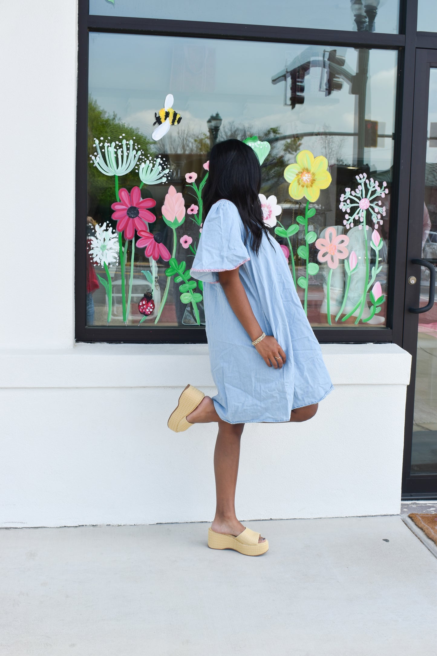 Pink Stitched Detail Denim Dress