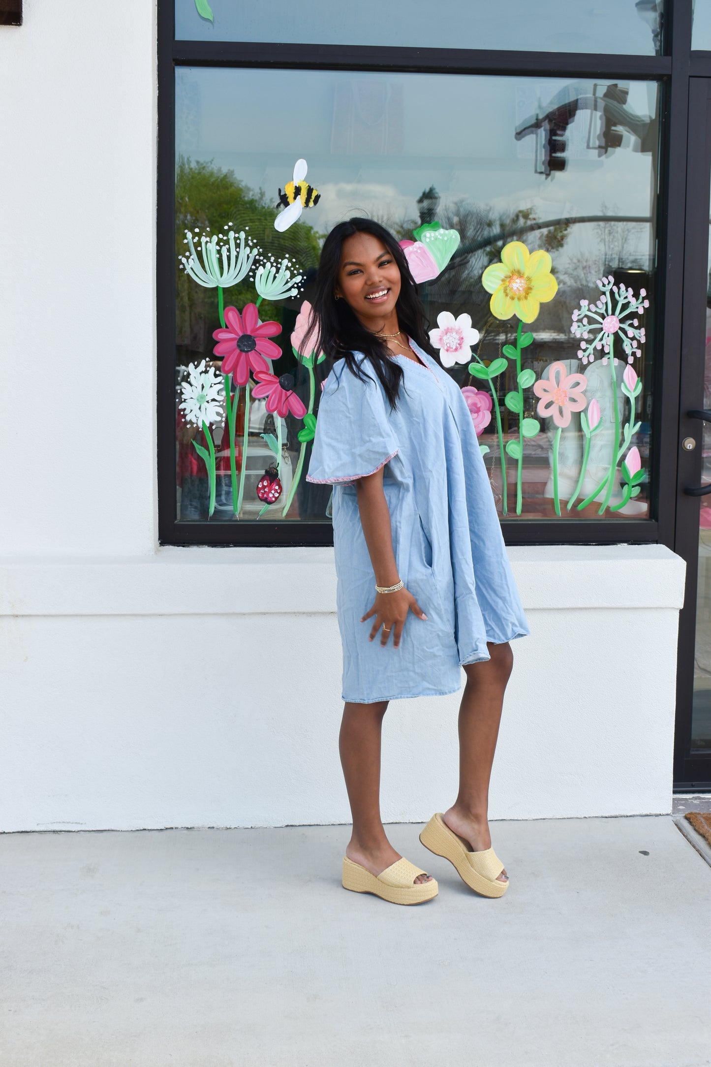 Pink Stitched Detail Denim Dress