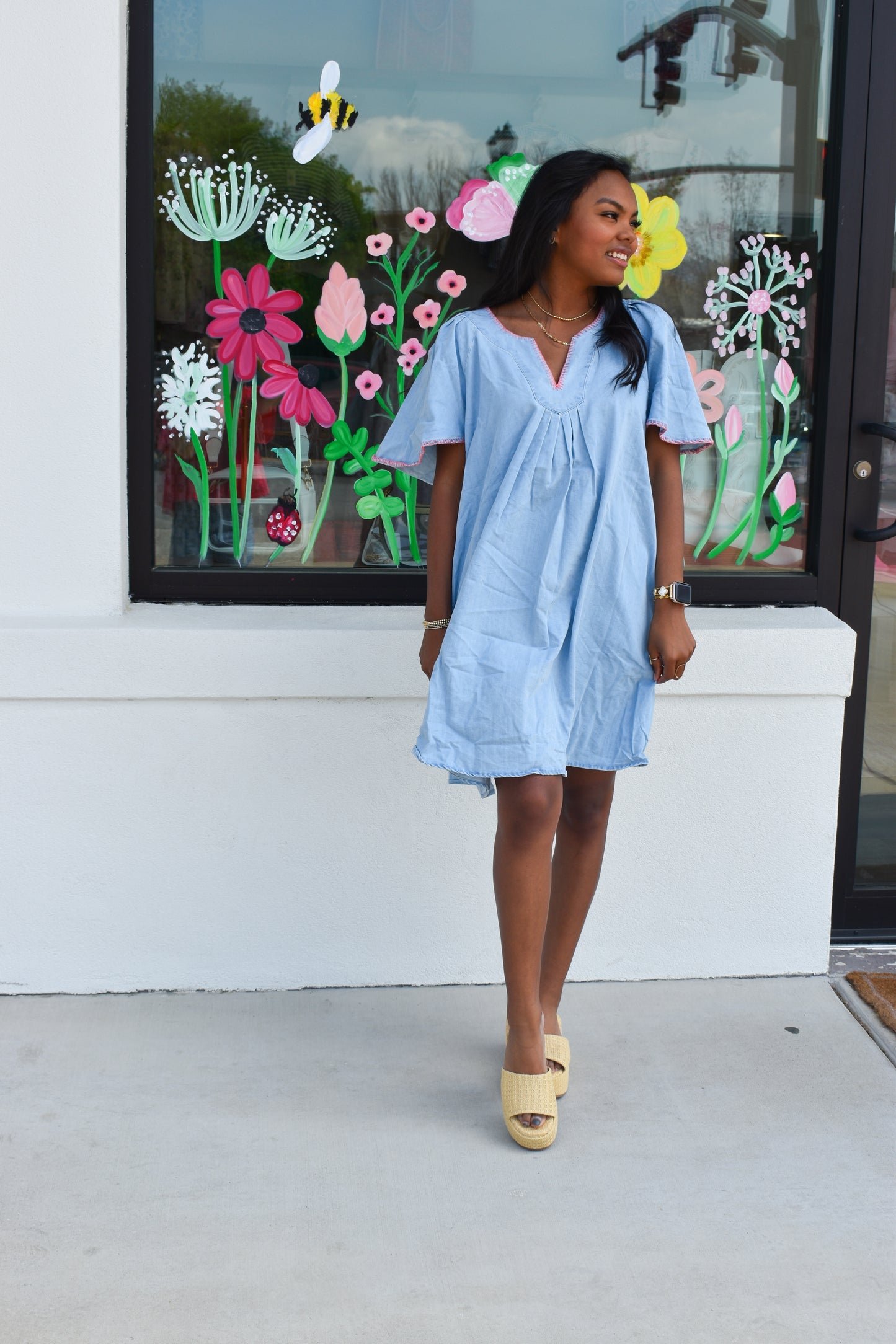 Pink Stitched Detail Denim Dress