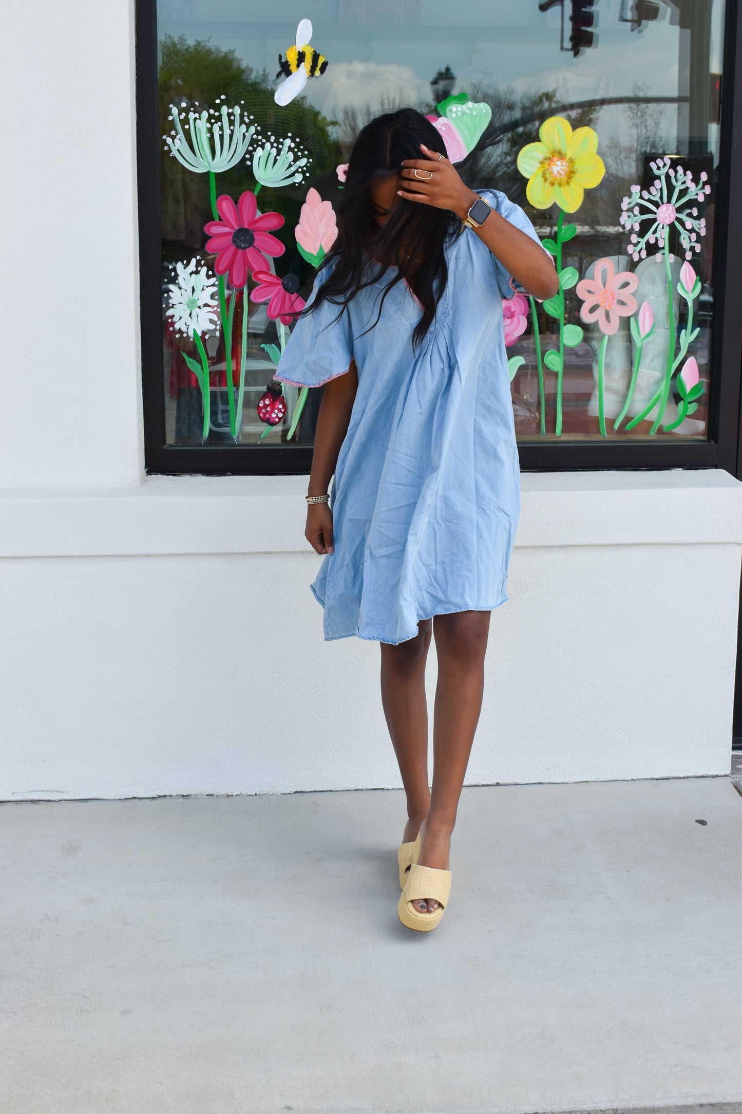 Pink Stitched Detail Denim Dress