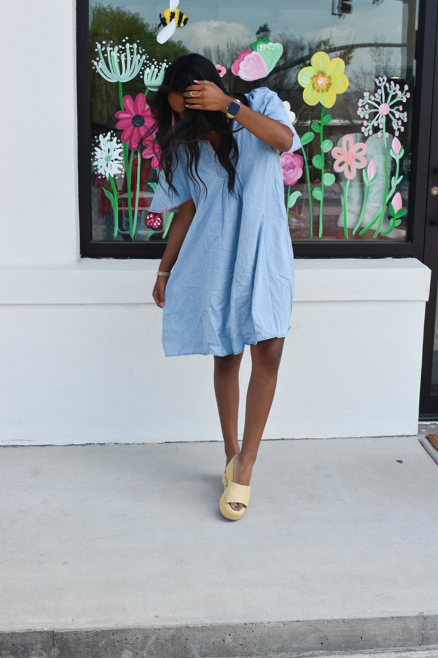 Pink Stitched Detail Denim Dress