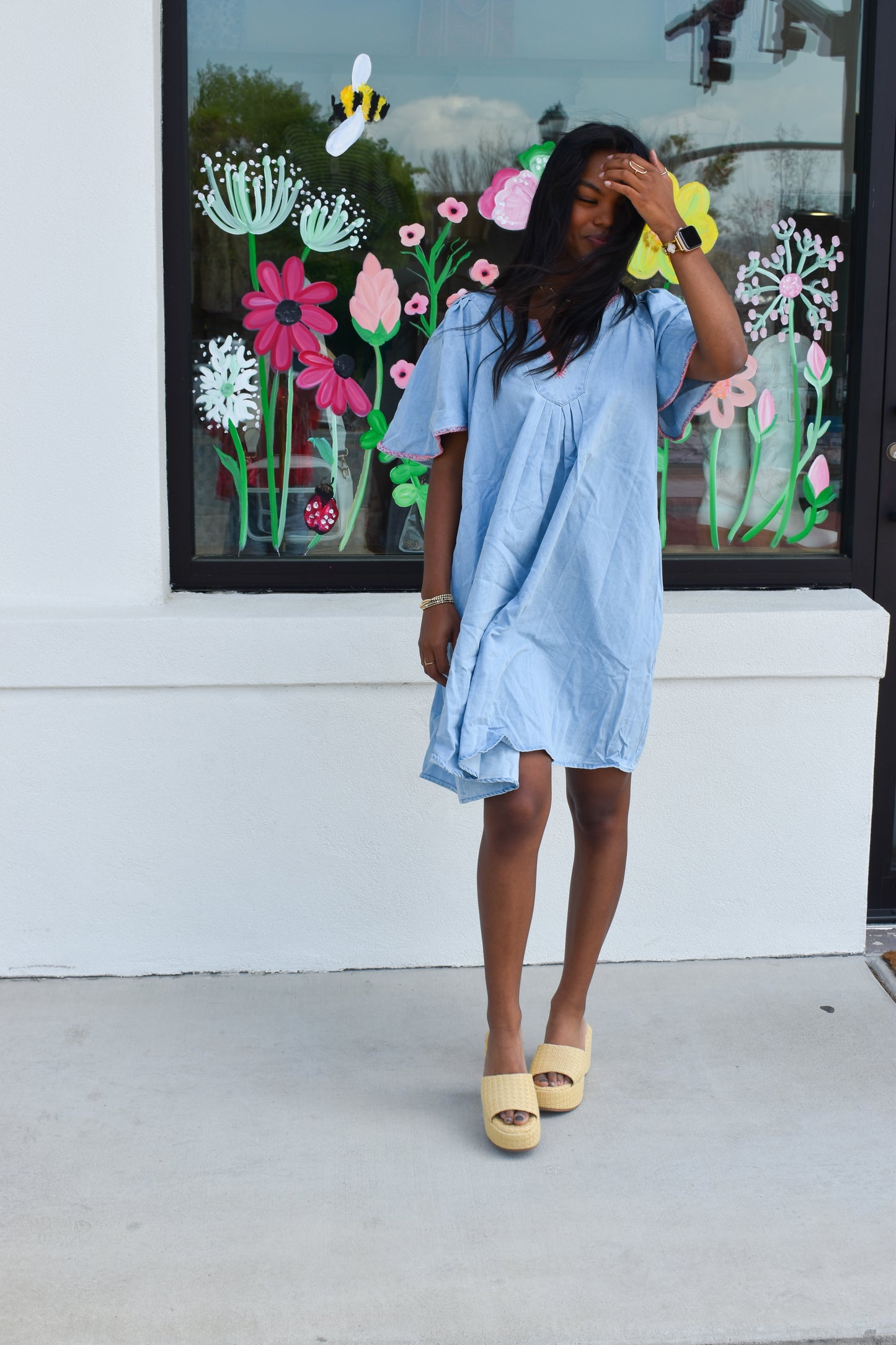 Pink Stitched Detail Denim Dress