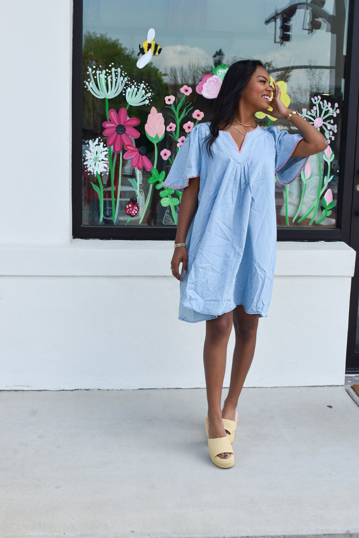 Pink Stitched Detail Denim Dress