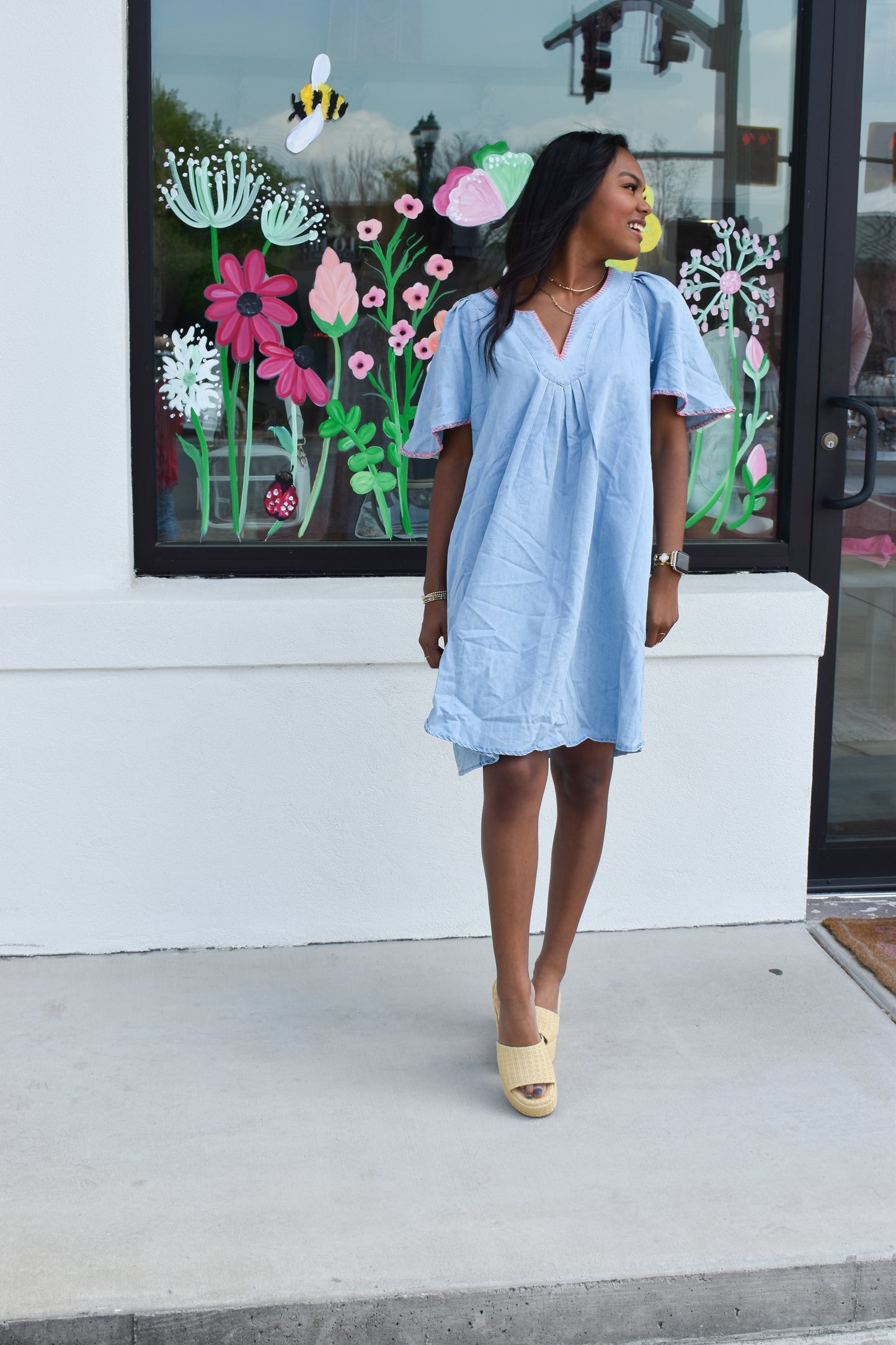Pink Stitched Detail Denim Dress