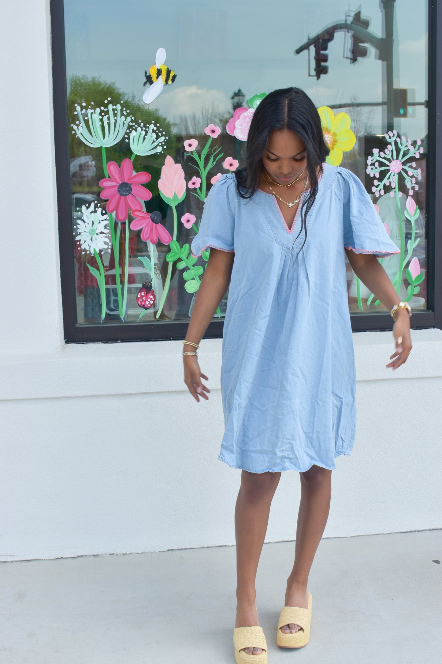 Pink Stitched Detail Denim Dress