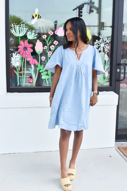 Pink Stitched Detail Denim Dress