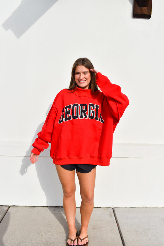 'GEORGIA & GA' Reversible Mockneck Sweatshirt: Red