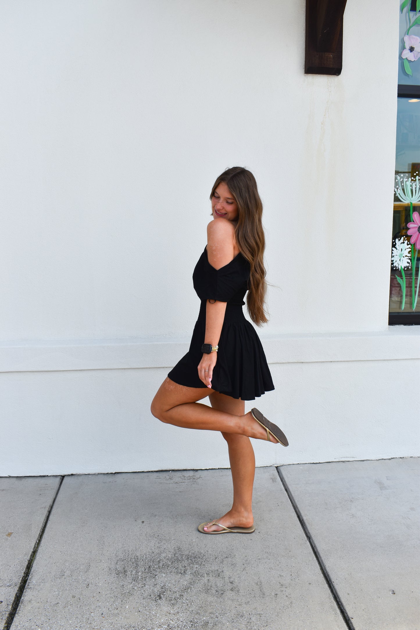 Off Shoulder Smocked Waist Dress: Black