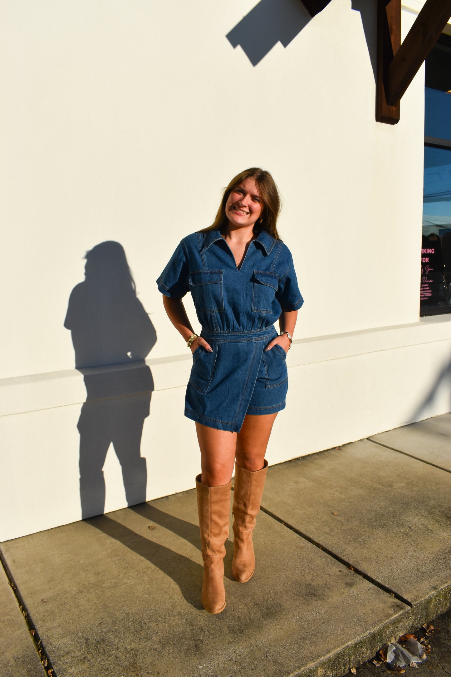 Denim Romper W/ Pockets & Wrap Detail