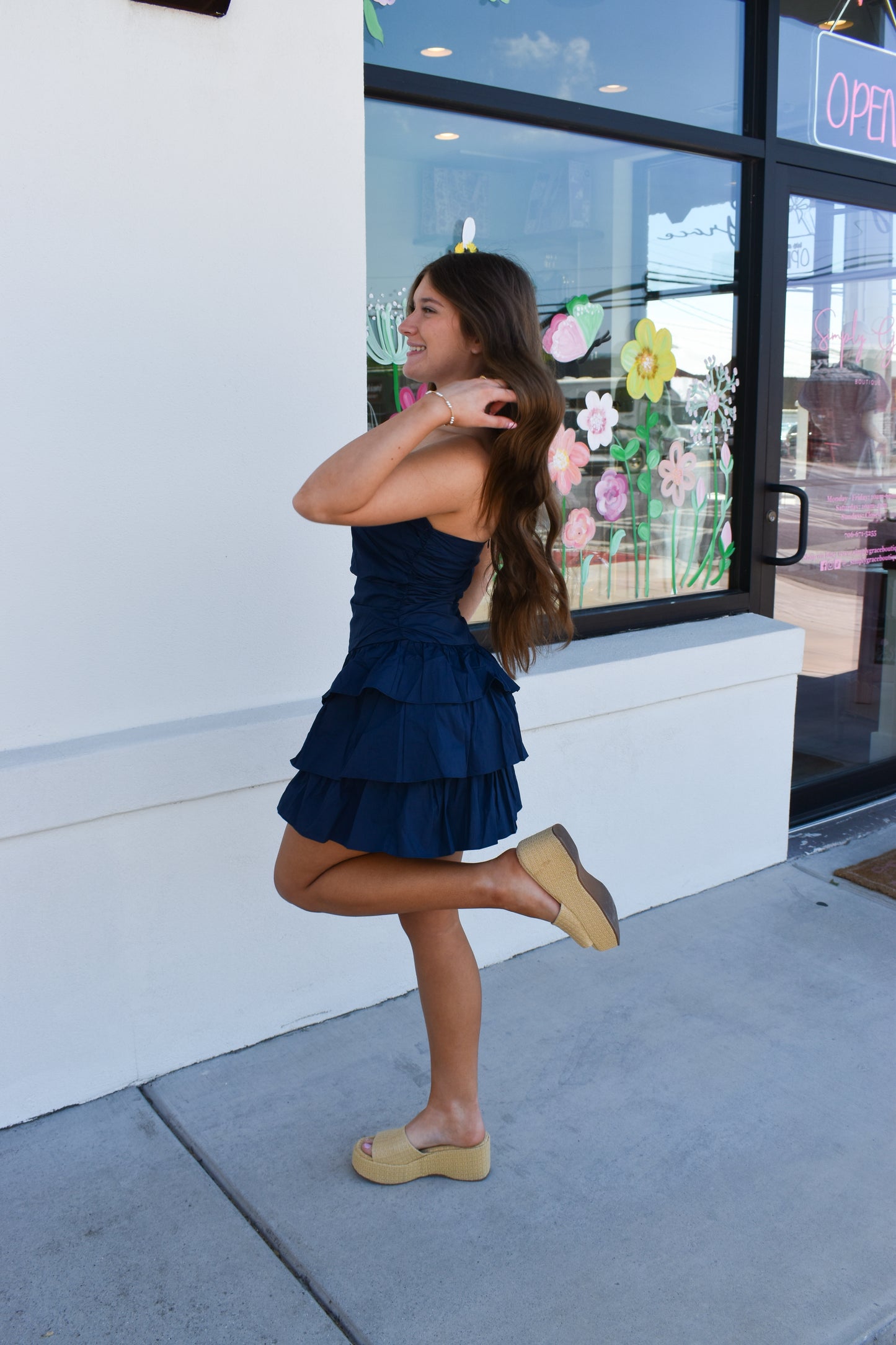 Strapless Ruffle Mini Dress: Navy