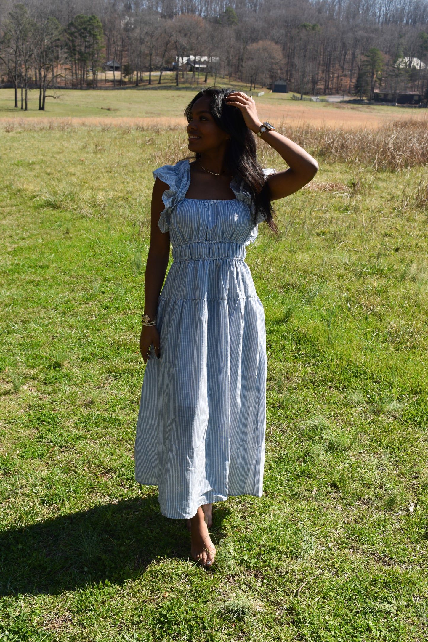 Shoulder Ruffle Stripe Midi Dress