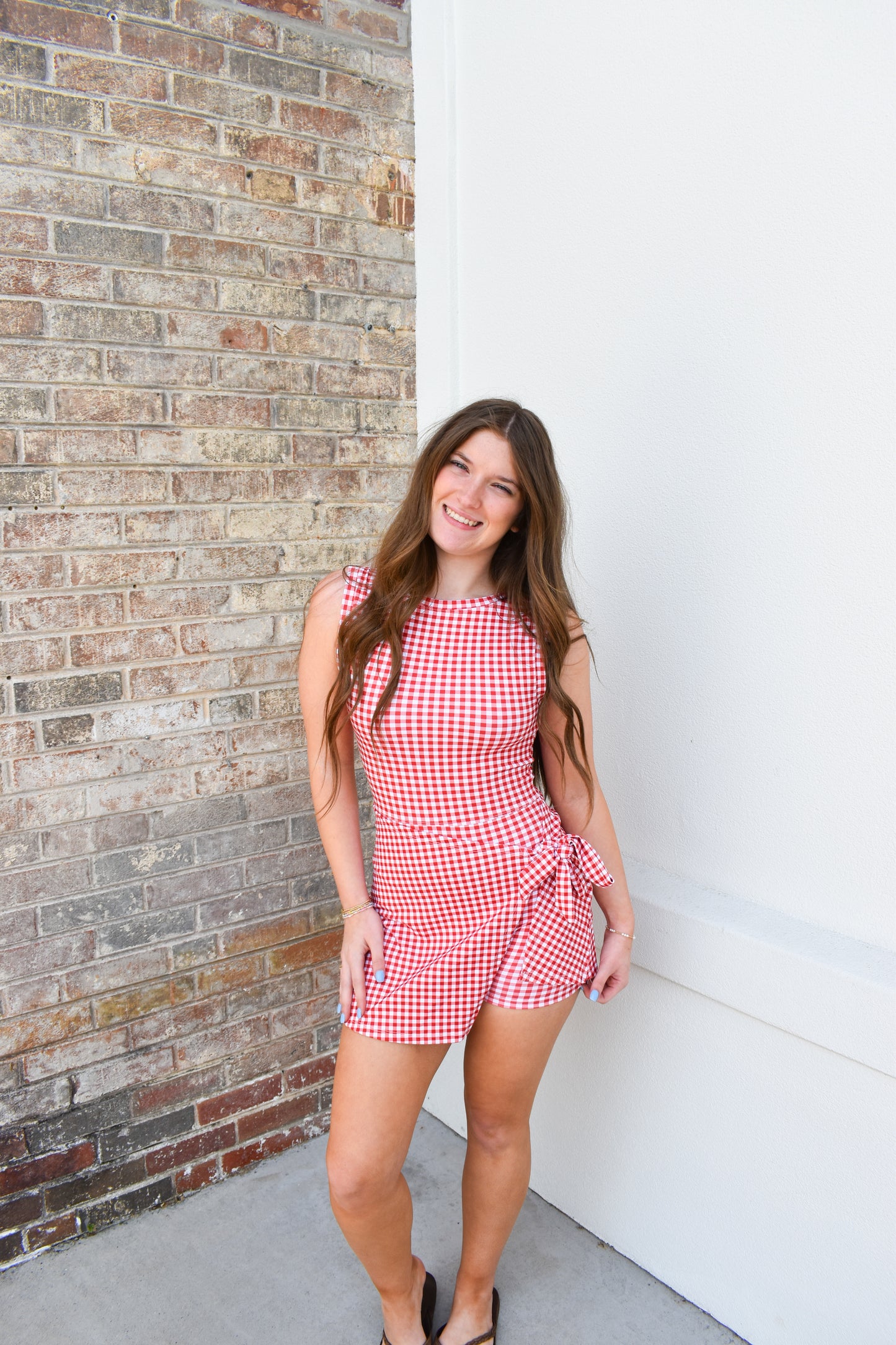 Gingham Print Sleeveless Wrap Tie Front Dress : Red Gingham