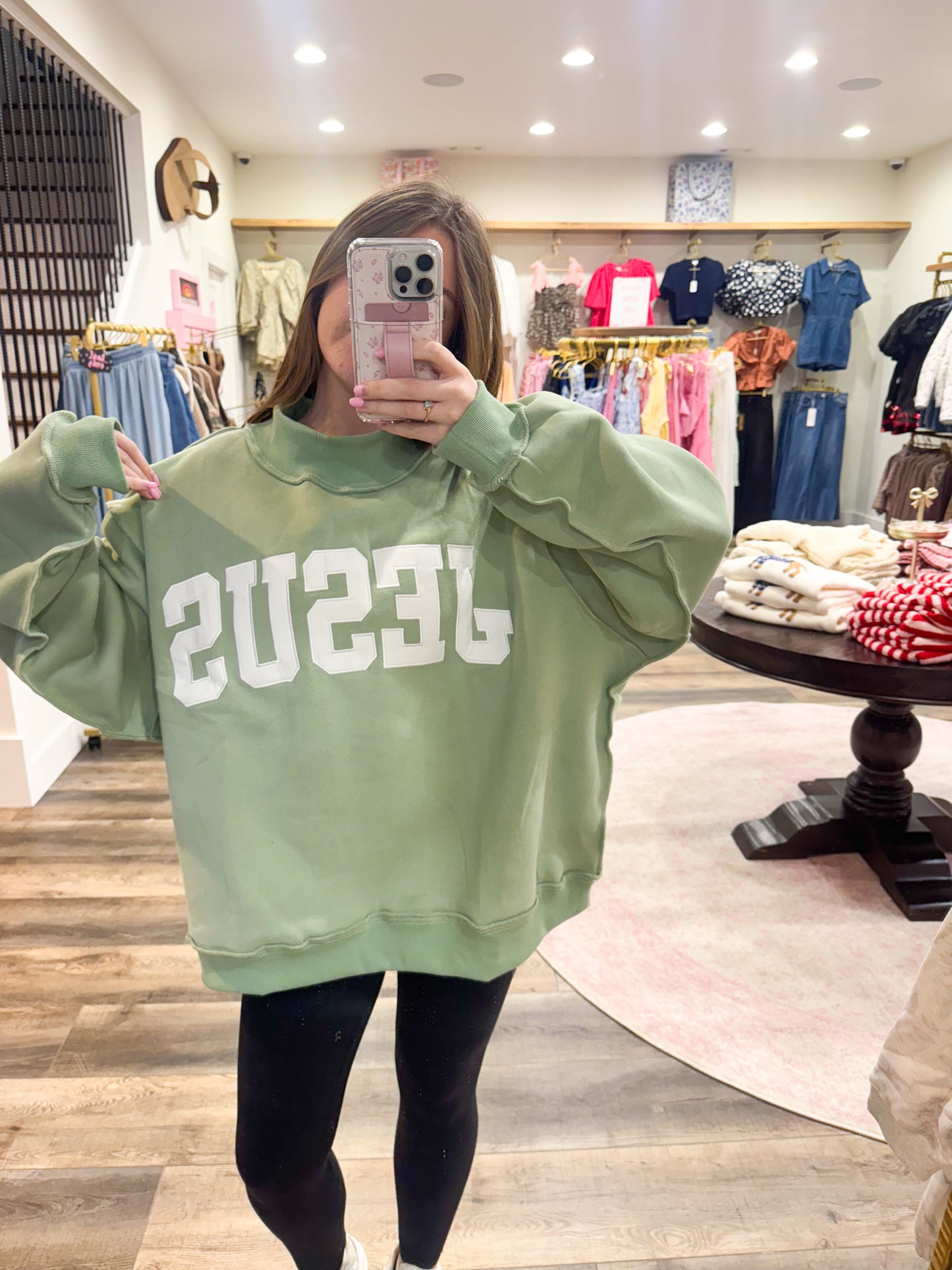 Jesus Embroidered MockNeck: Green