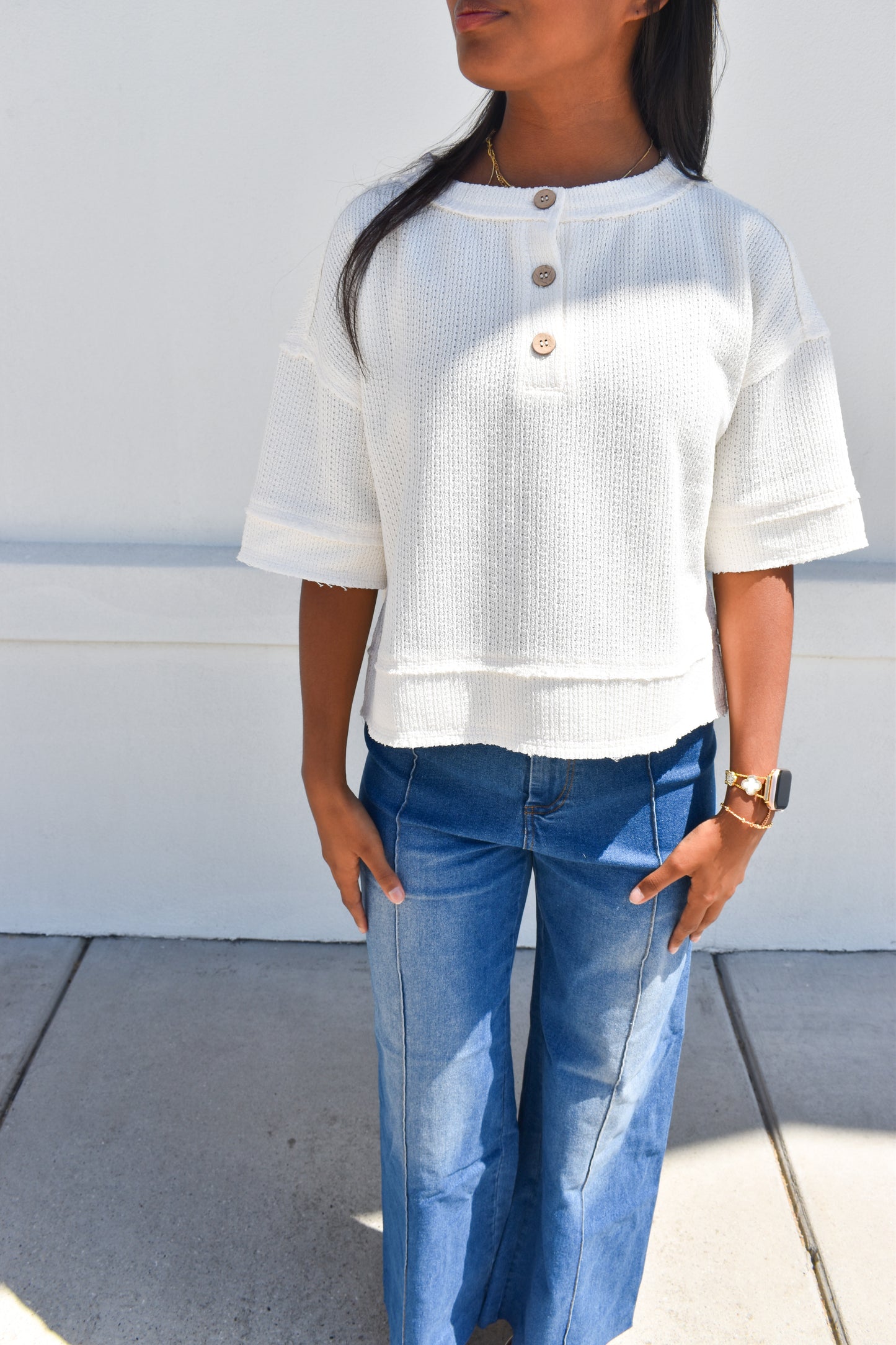 Henley Short Sleeve Waffle Knit Top