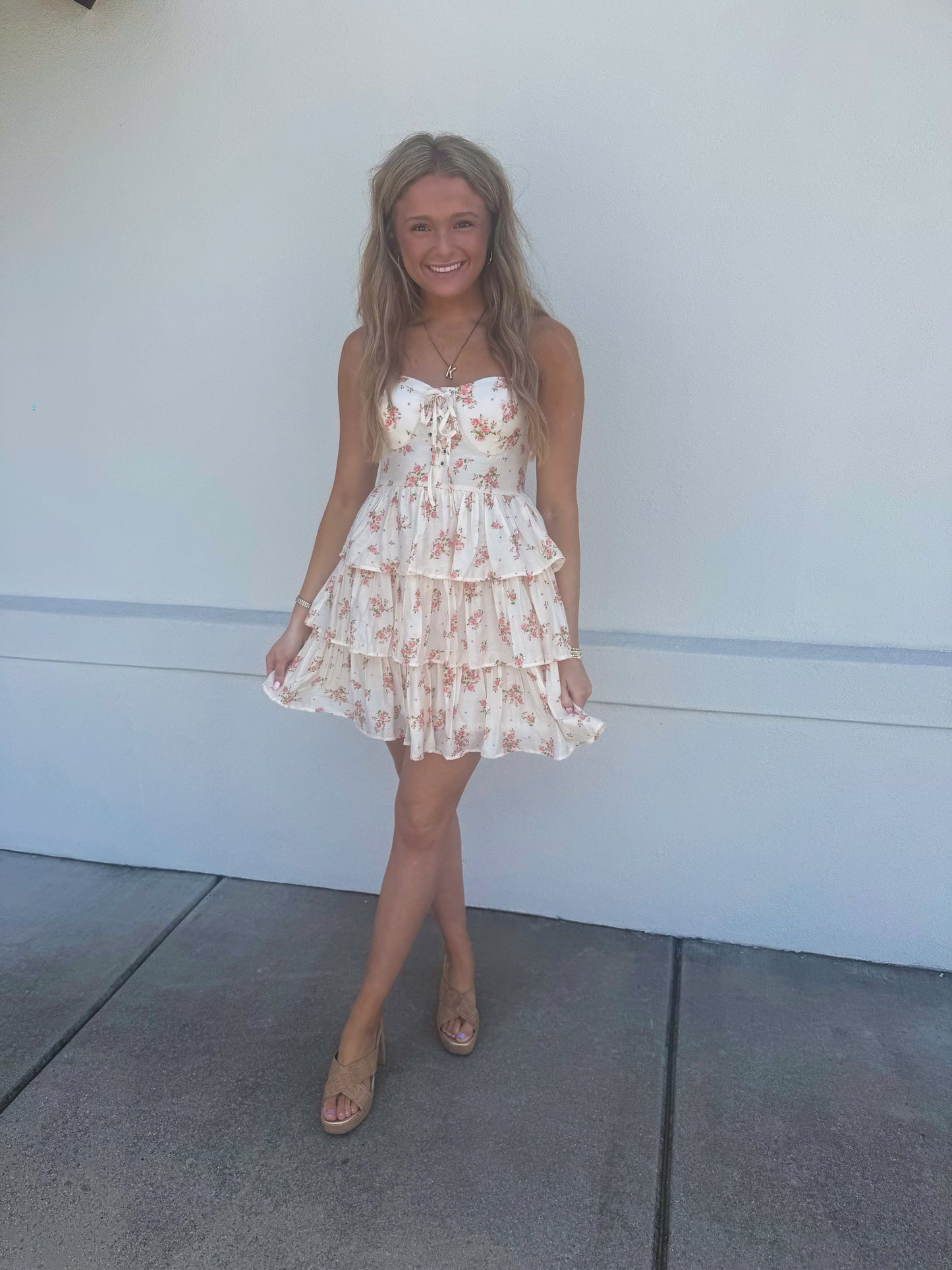 Front Lace Up Ruffle Tiered Mini Dress