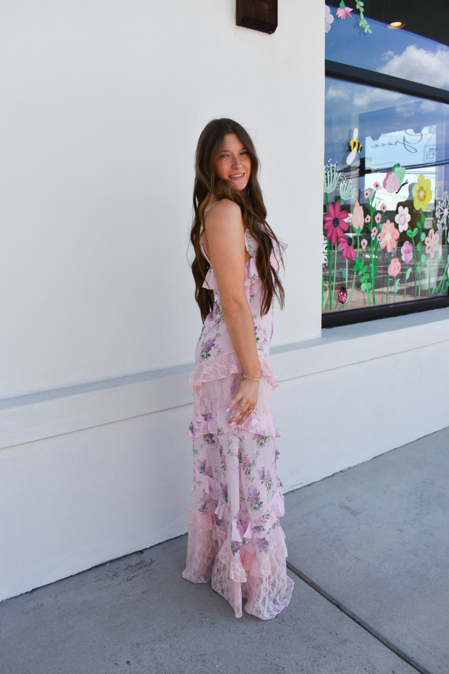 Floral Lace Ruffle Maxi Dress