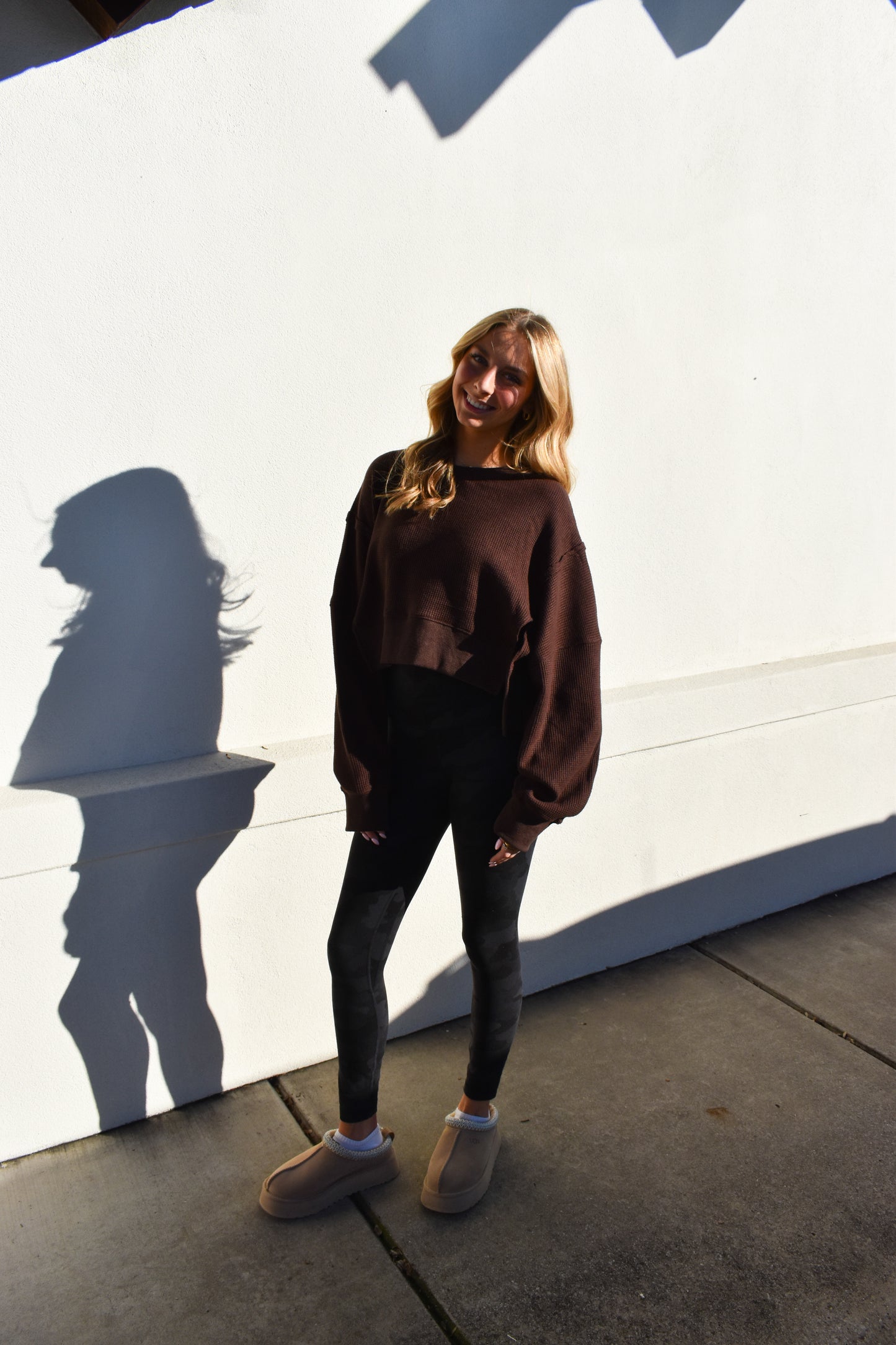 Waffle Knit Oversized Long Sleeve Top: Brown