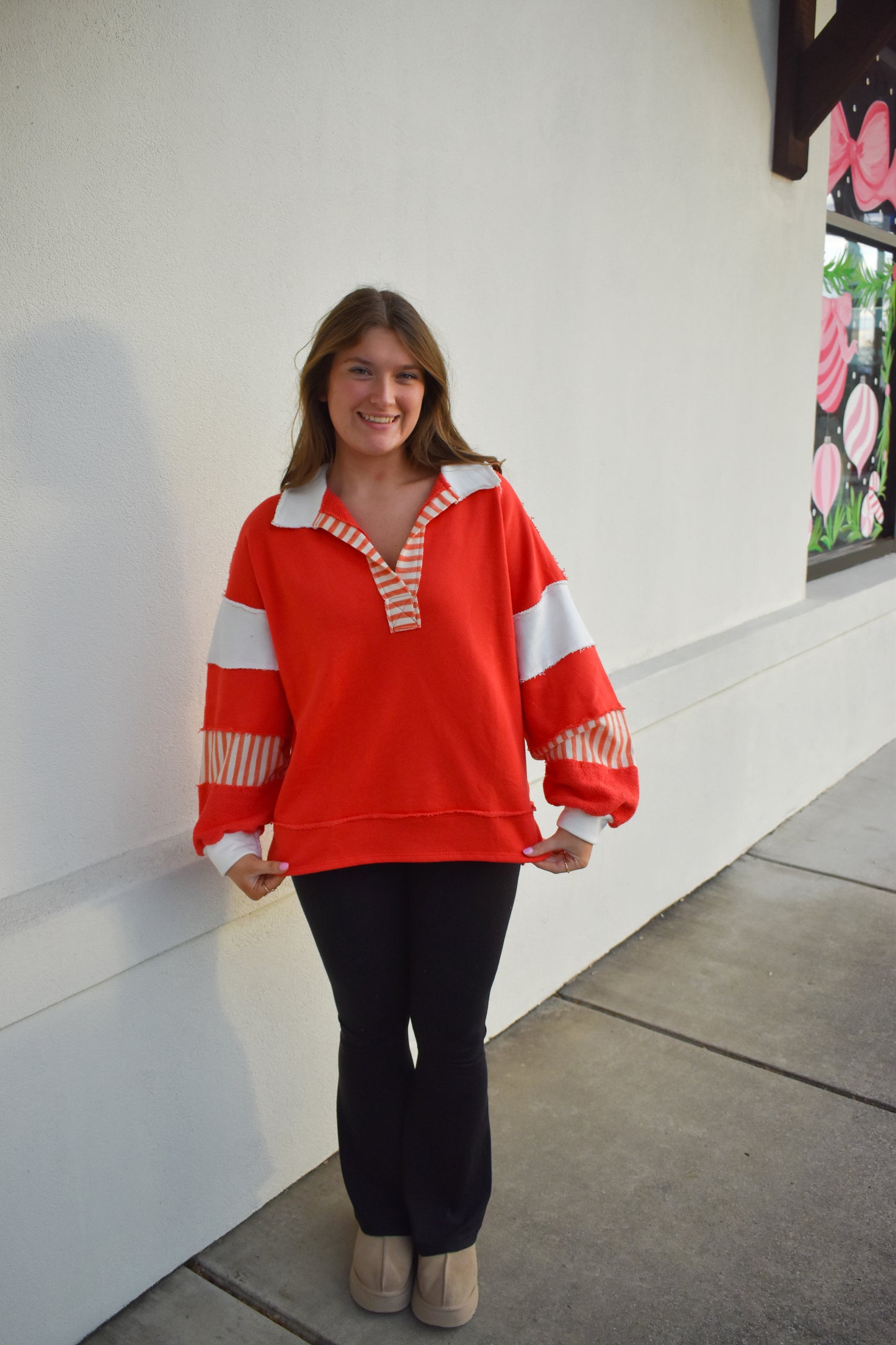 Terry Knit Collared Top: Red/Cream