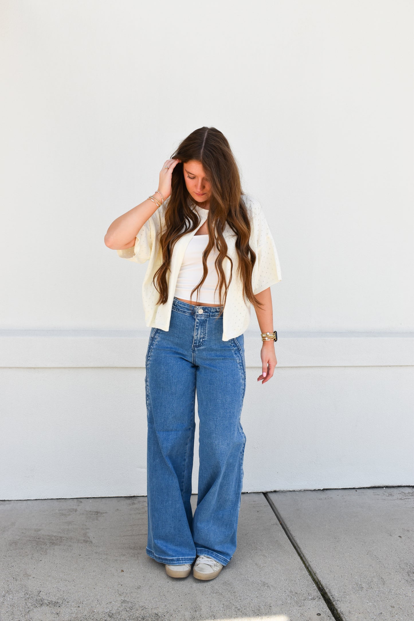 High Rise Wide Leg With Scalloped Edge Detail: Medium Wash