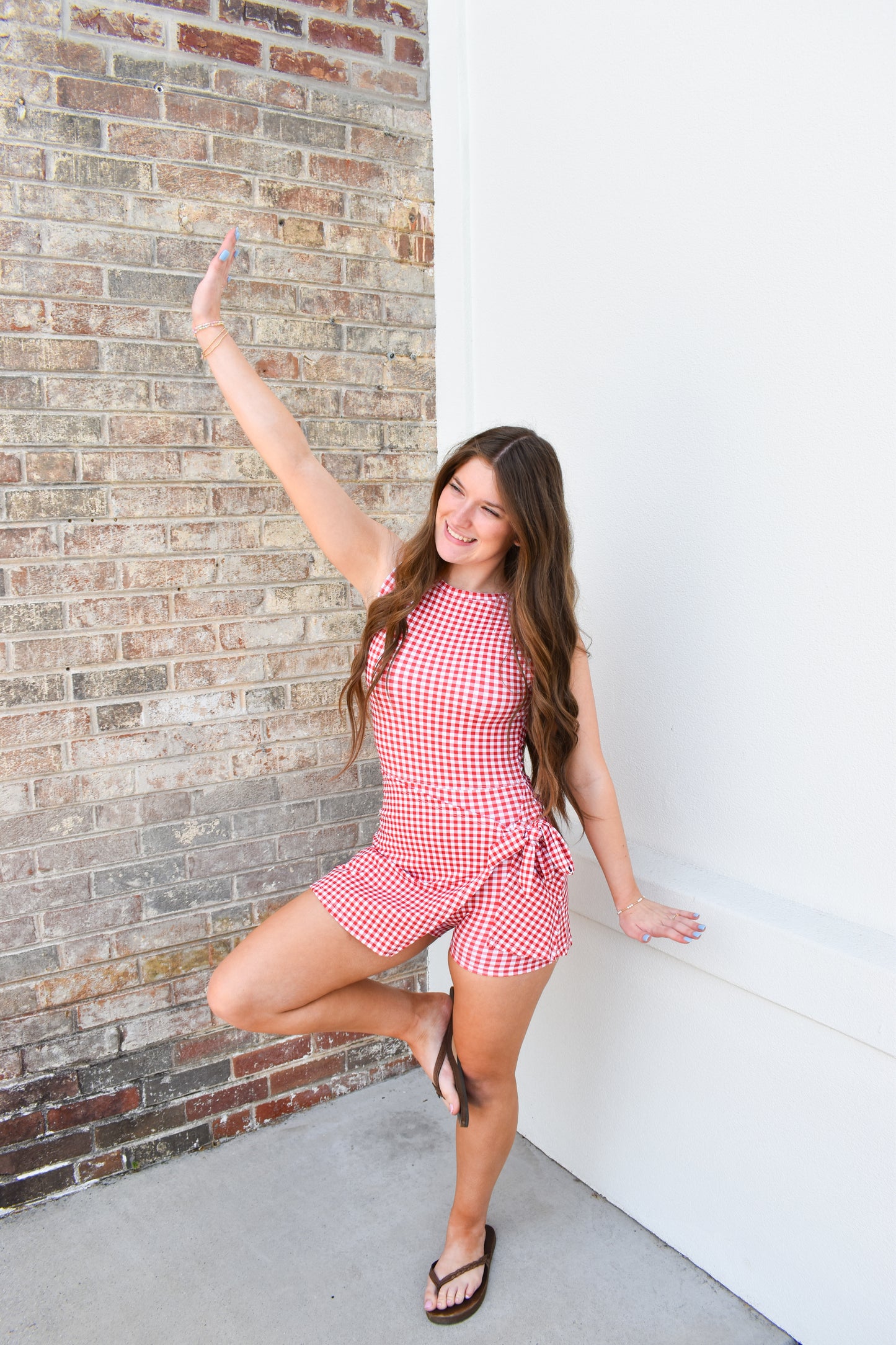 Gingham Print Sleeveless Wrap Tie Front Dress : Red Gingham