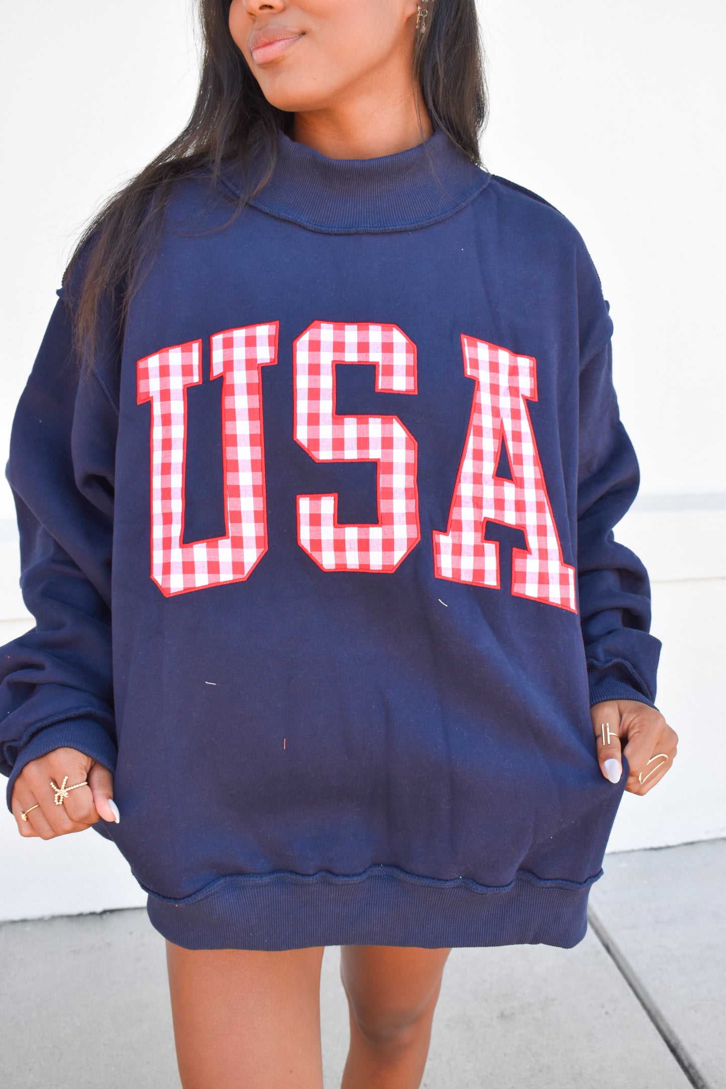 Gingham Embroidery "USA" Mock Neck Sweatshirt