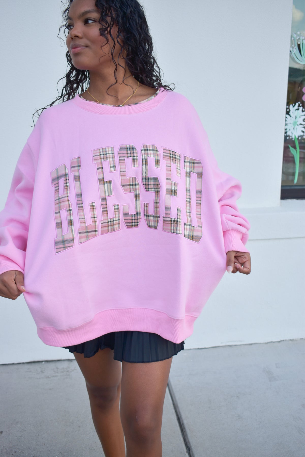 "Blessed" Plaid Collar Mockneck