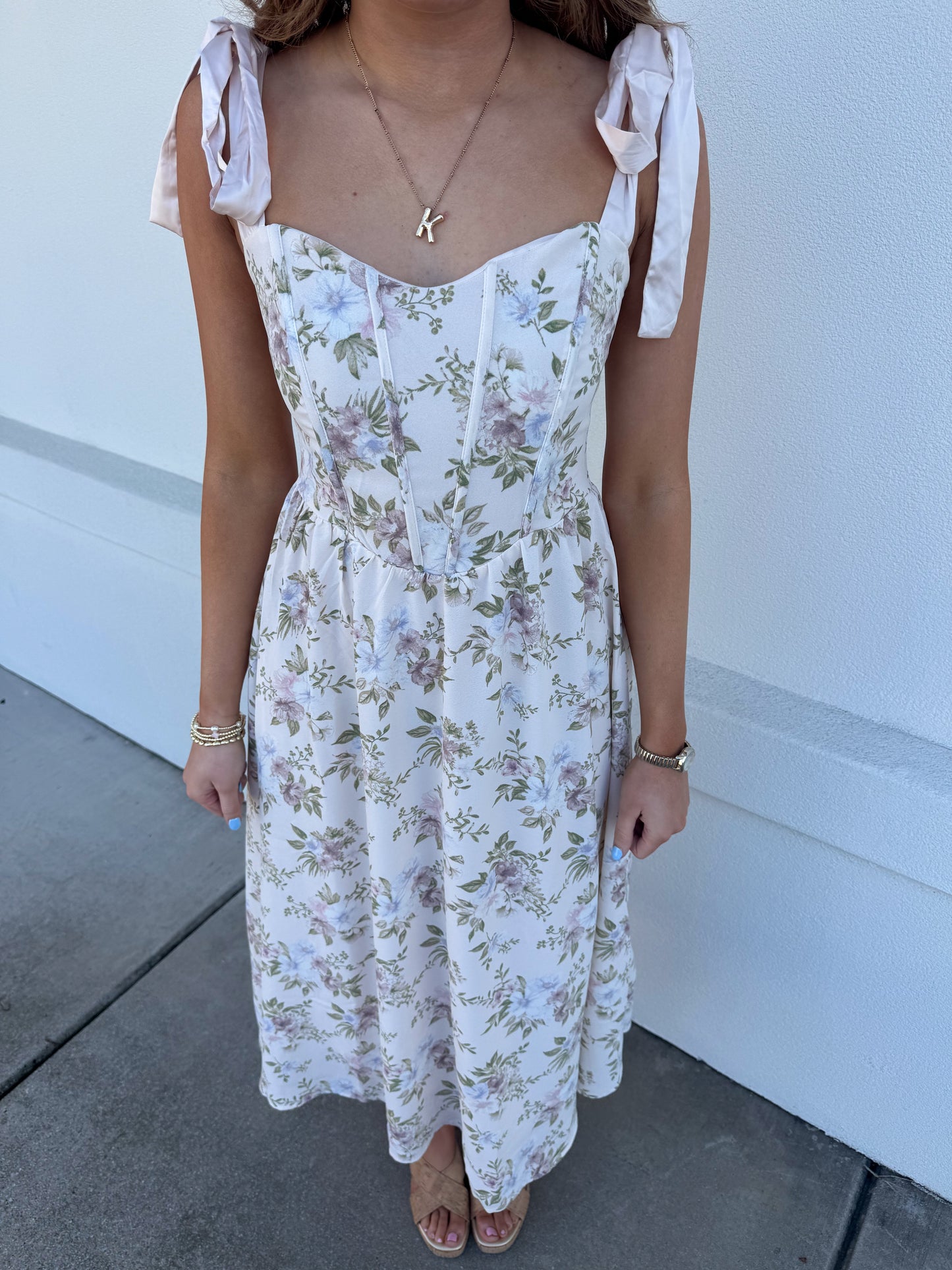 Floral Corset Tie Strap Midi Dress
