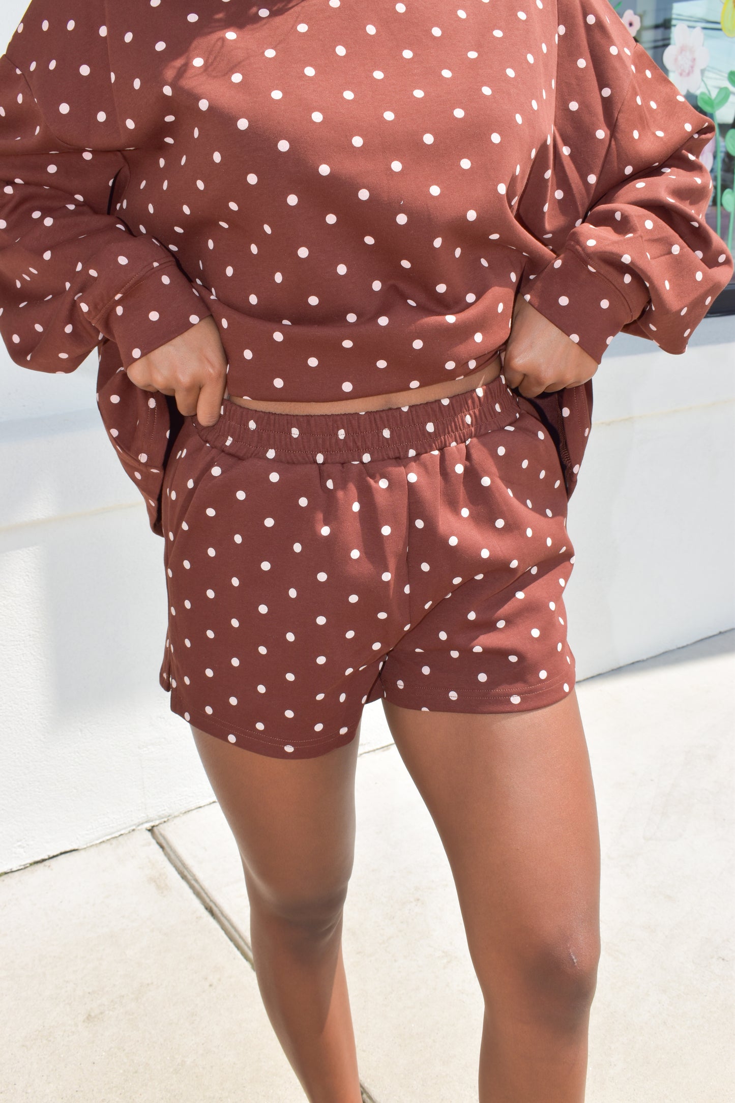 Chocolate Polka Dot Elastic Waistband Athletic Shorts