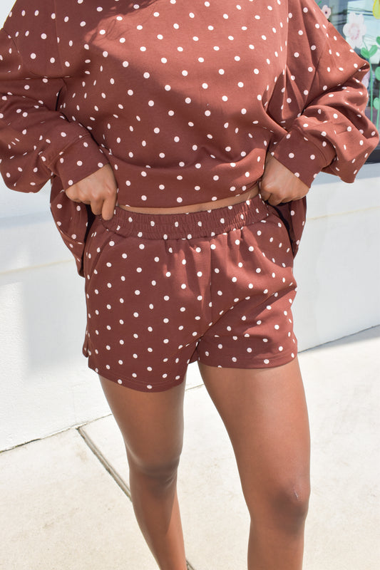 Chocolate Polka Dot Elastic Waistband Athletic Shorts
