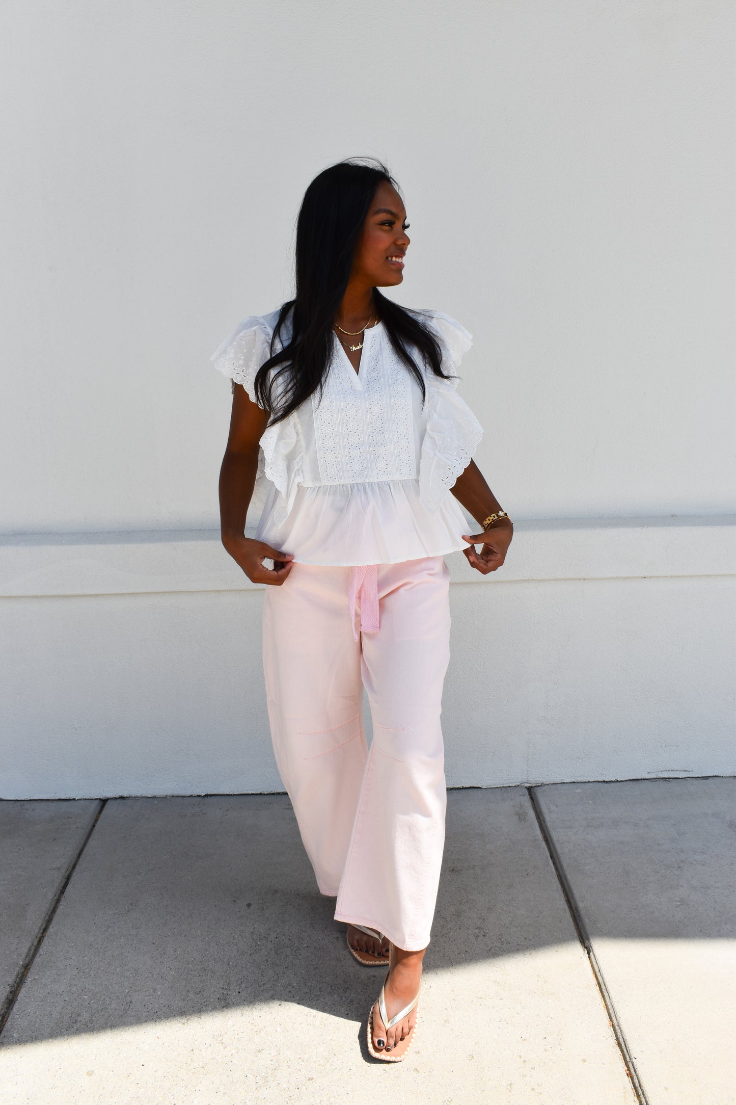 Delicately Embroidered Eyelet Ruffled Cotton Poplin Blouse