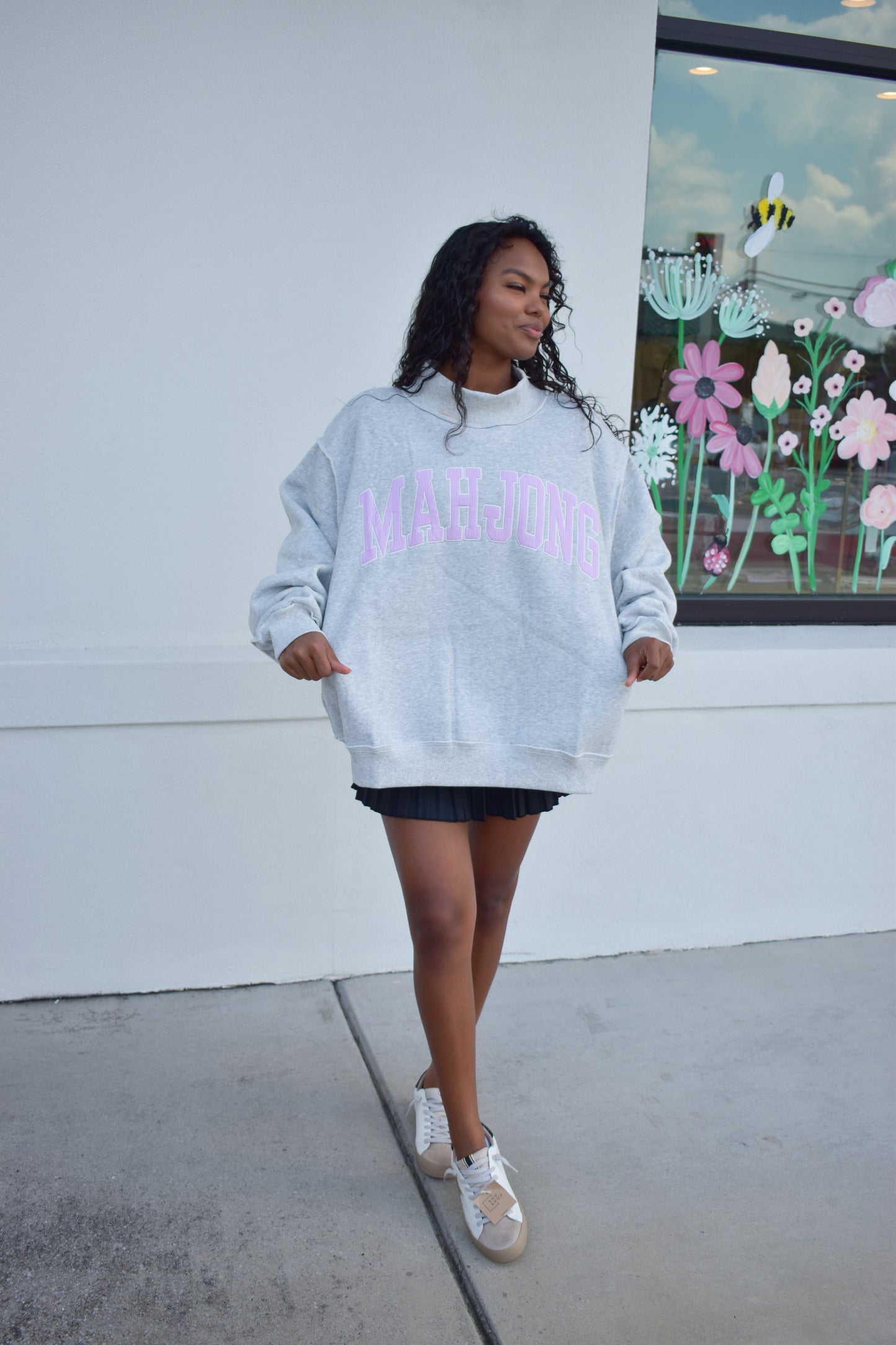 "MAHJONG" Embroidered Stripe Mockneck
