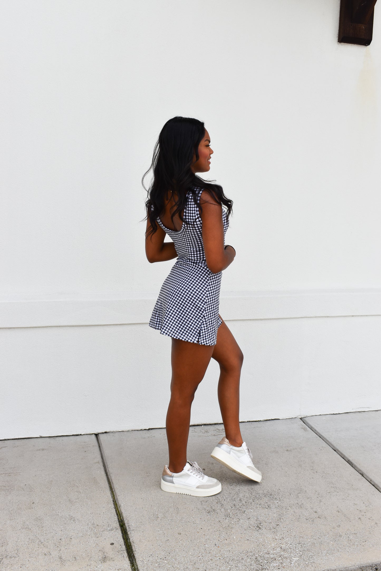 Gingham Athletic Wrap Tie Dress: Black